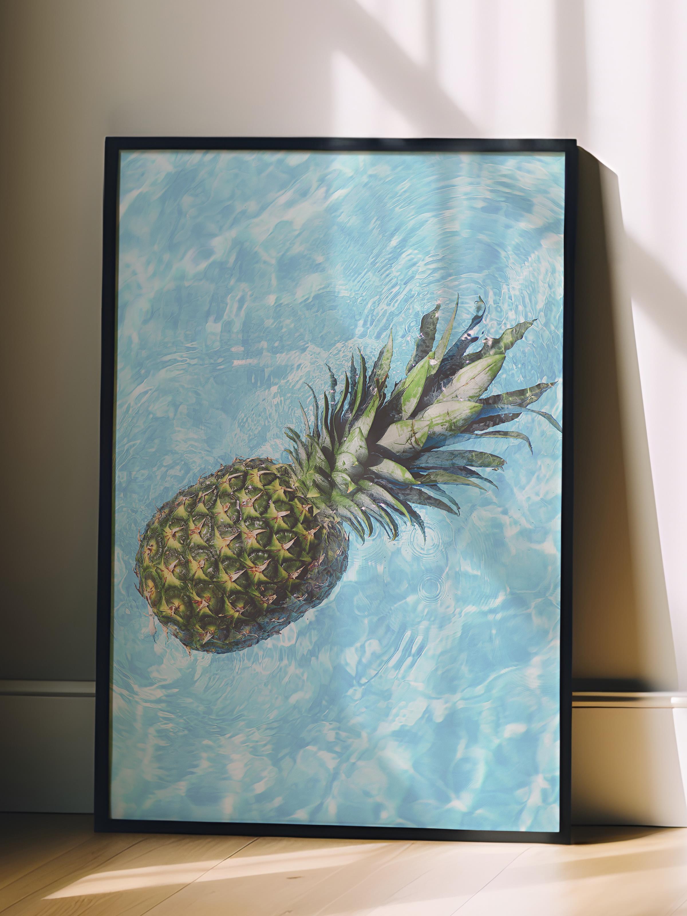 Çerçevesiz Poster, Yaz Temalı Tablo NO:118, Suda Ananas Fotoğrafı, Mavi Poster, Dikey