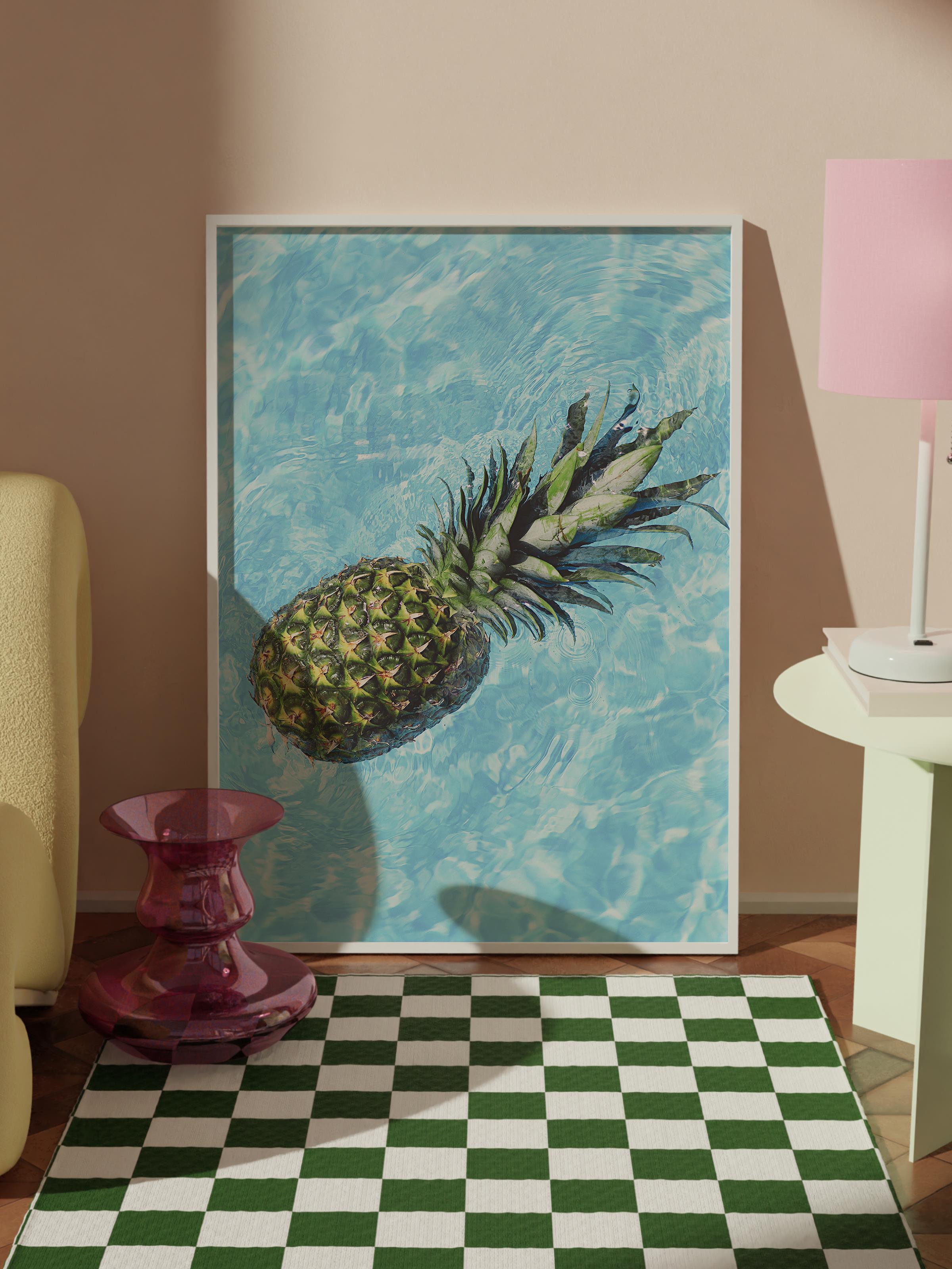 Çerçevesiz Poster, Yaz Temalı Tablo NO:118, Suda Ananas Fotoğrafı, Mavi Poster, Dikey