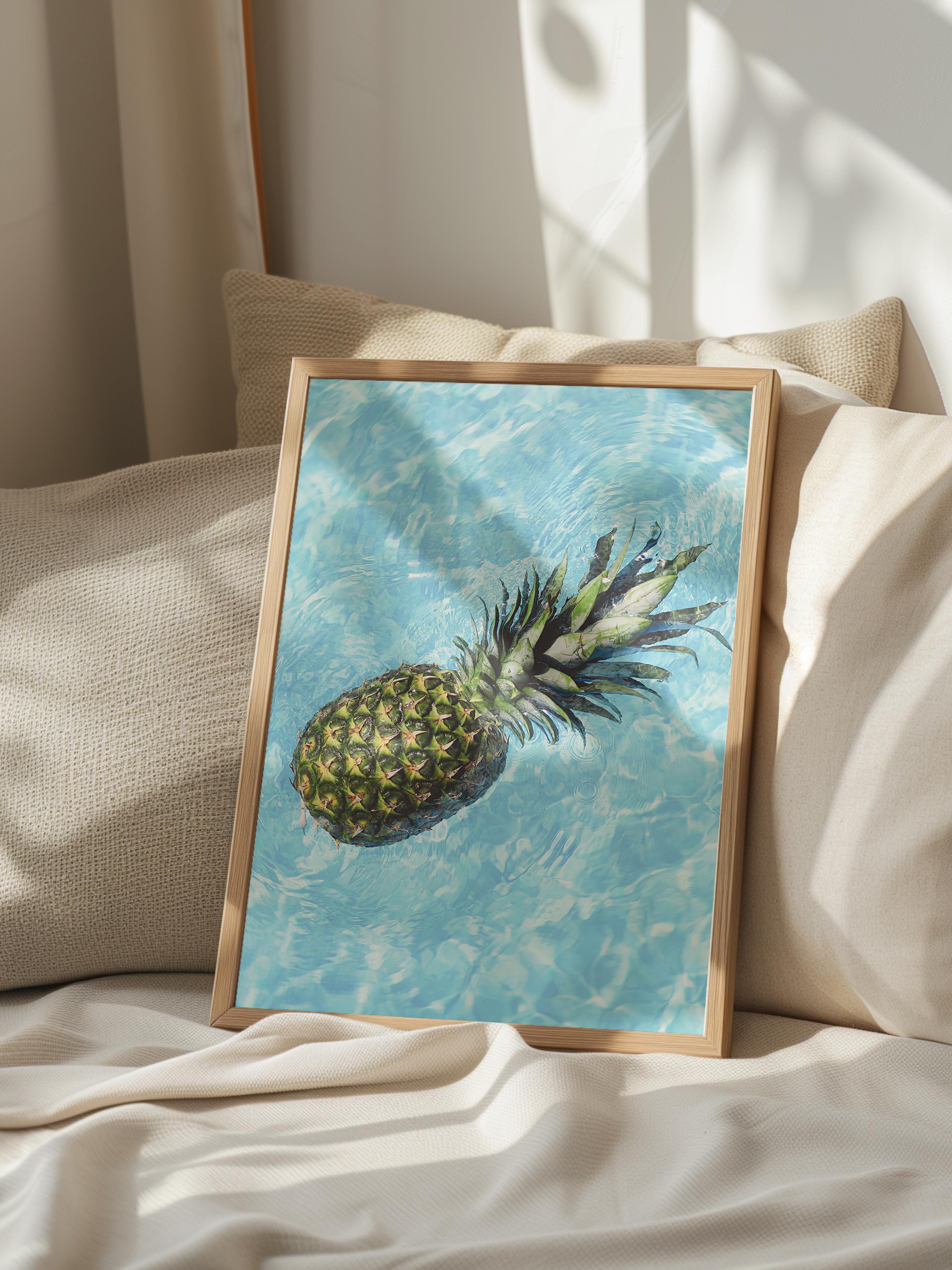 Çerçevesiz Poster, Yaz Temalı Tablo NO:118, Suda Ananas Fotoğrafı, Mavi Poster, Dikey