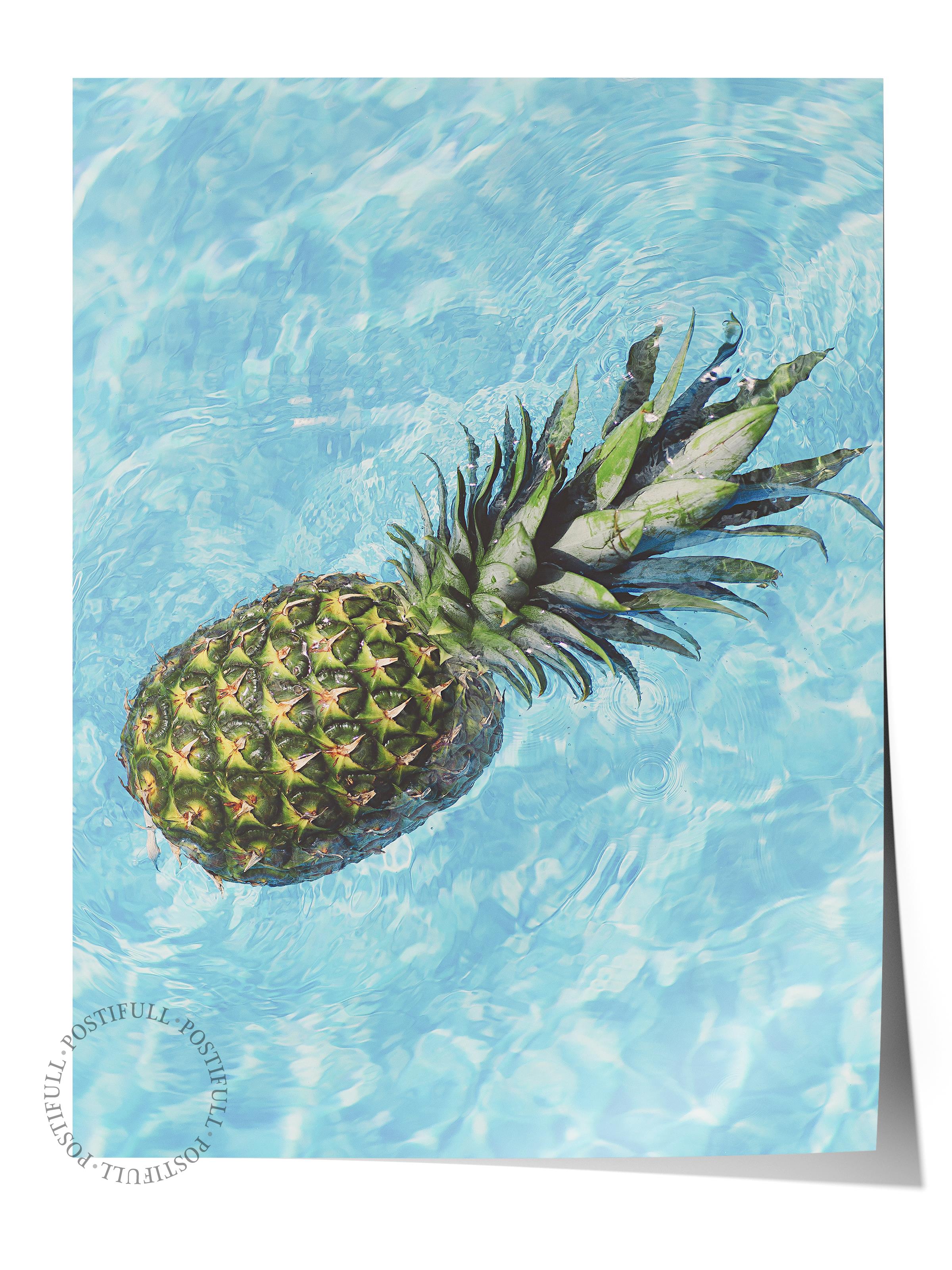 Çerçevesiz Poster, Yaz Temalı Tablo NO:118, Suda Ananas Fotoğrafı, Mavi Poster, Dikey