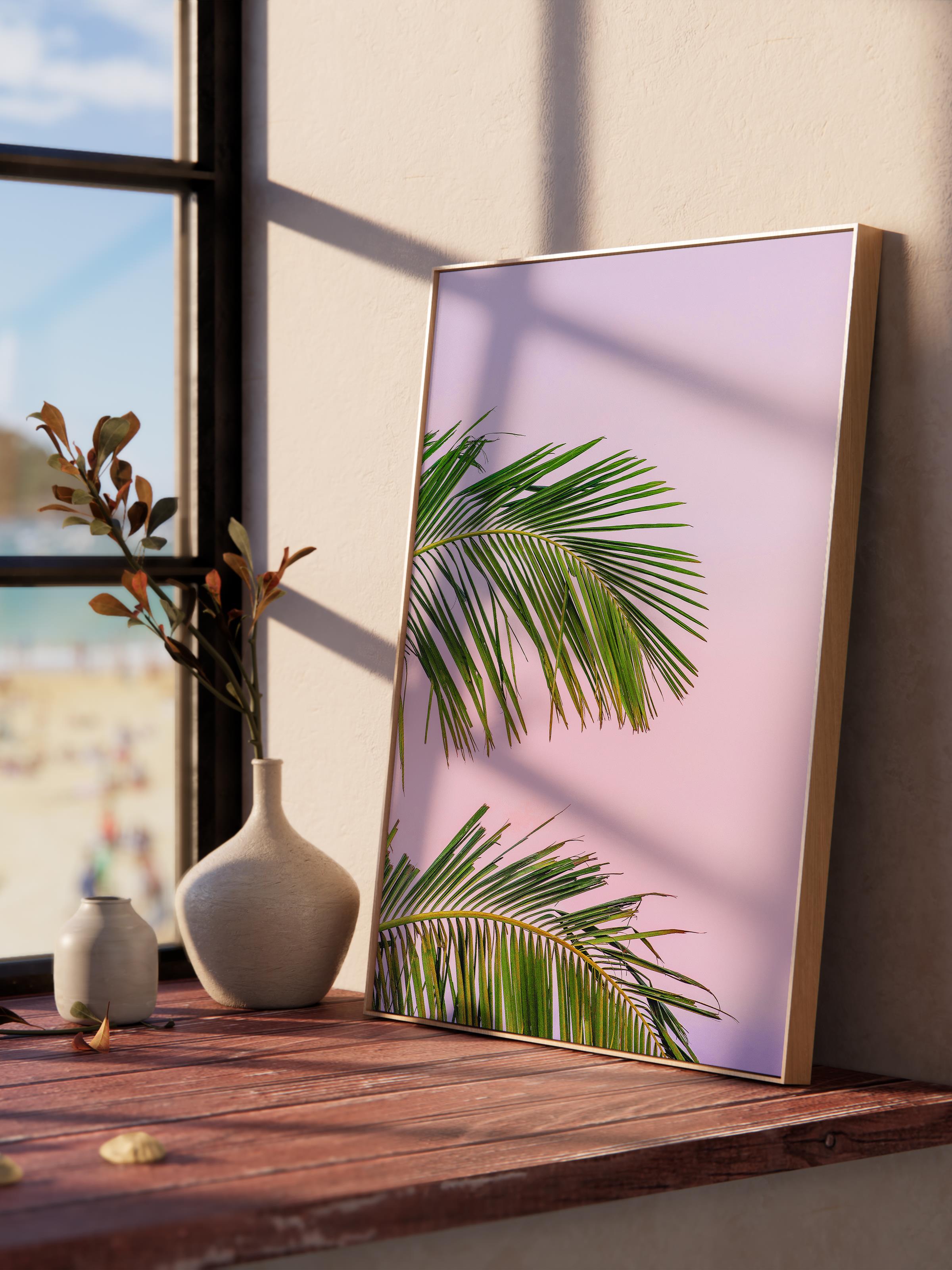 Çerçevesiz Poster, Yaz Temalı Tablo NO:12, Pembe Gökyüzü ve Yaprak Fotoğrafı, Pembe Poster, Dikey