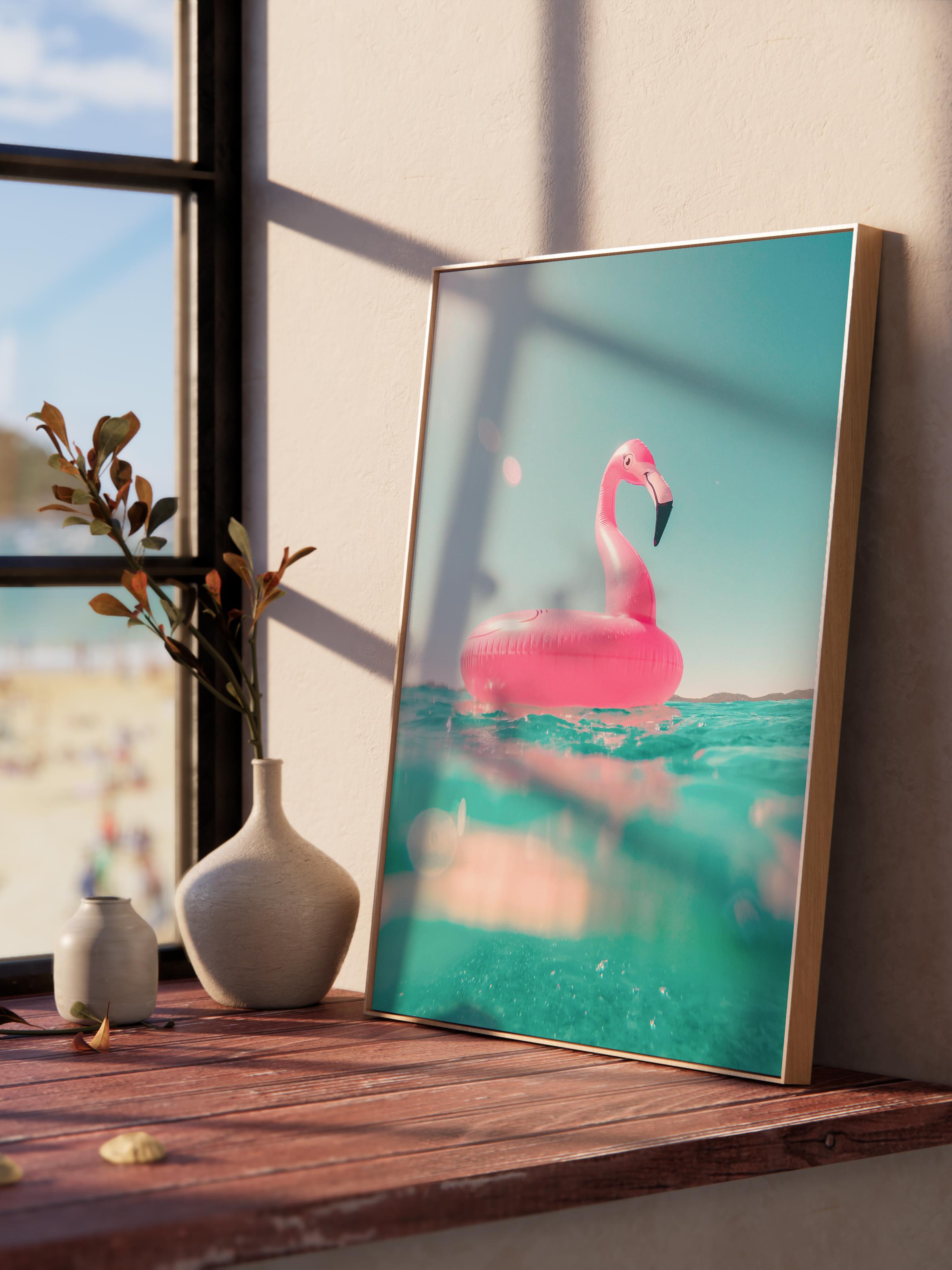 Çerçevesiz Poster, Yaz Temalı Tablo NO:120, Şişme Flamingo Fotoğrafı, Pembe Poster, Dikey