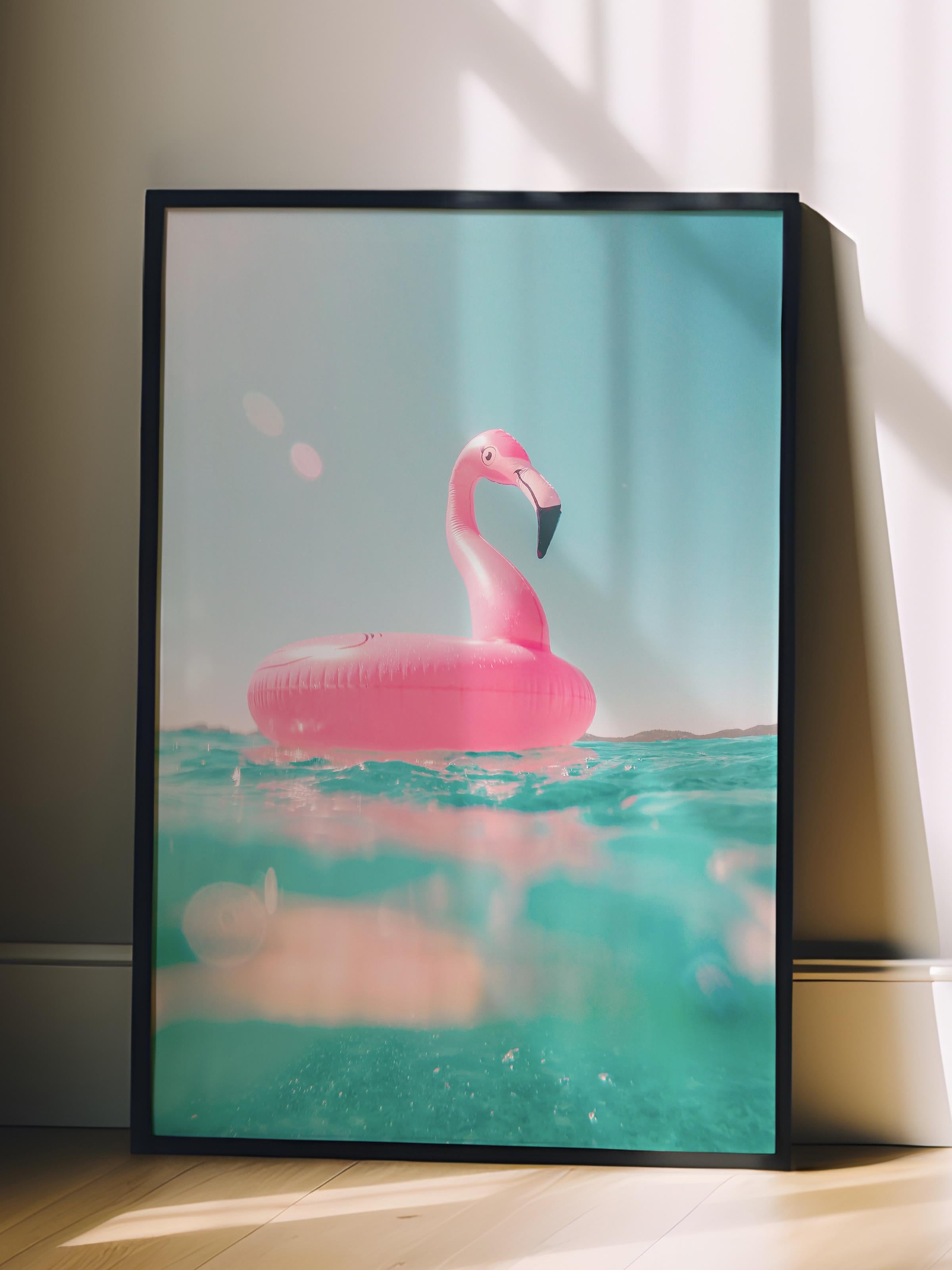 Çerçevesiz Poster, Yaz Temalı Tablo NO:120, Şişme Flamingo Fotoğrafı, Pembe Poster, Dikey