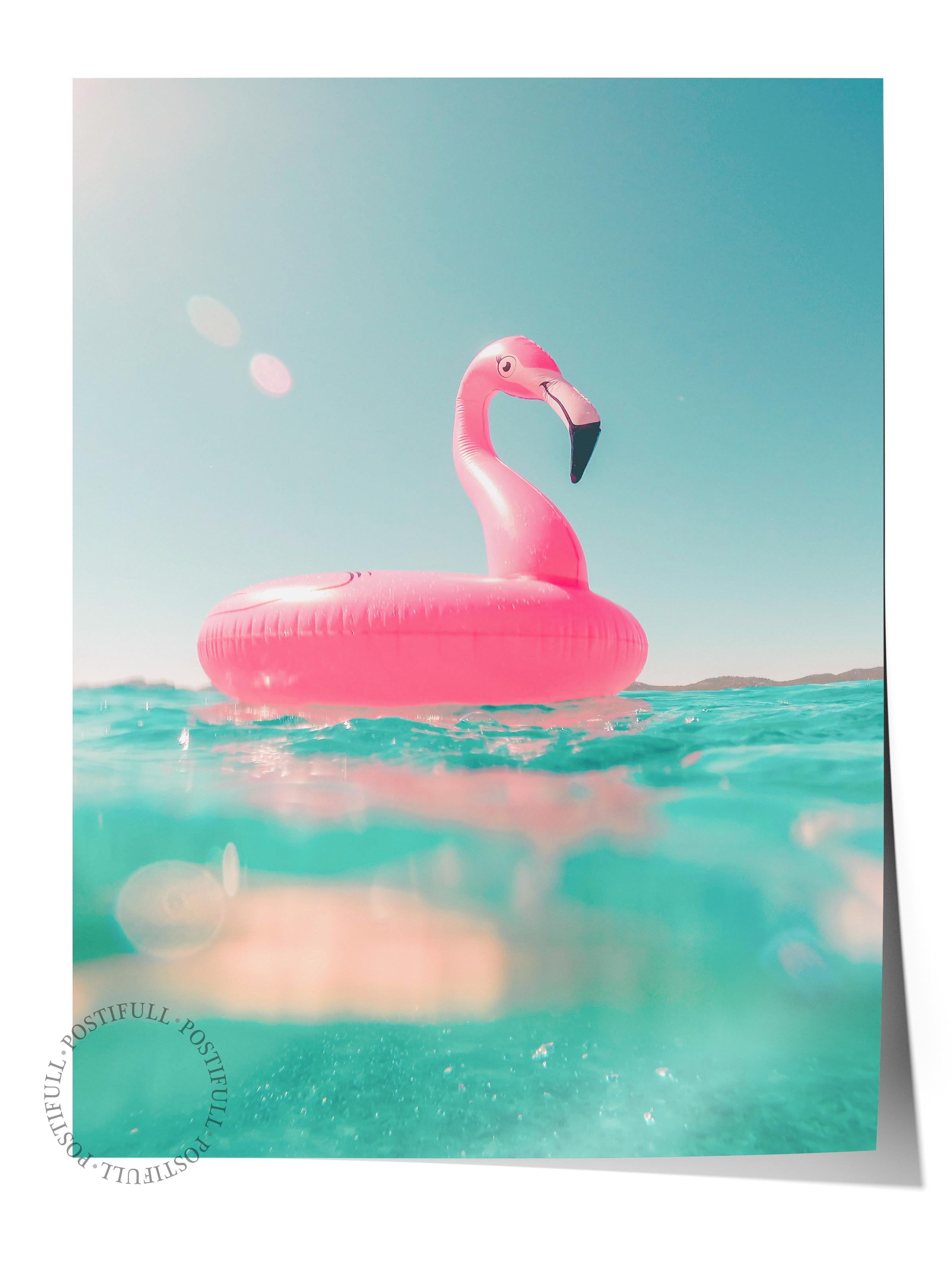 Çerçevesiz Poster, Yaz Temalı Tablo NO:120, Şişme Flamingo Fotoğrafı, Pembe Poster, Dikey