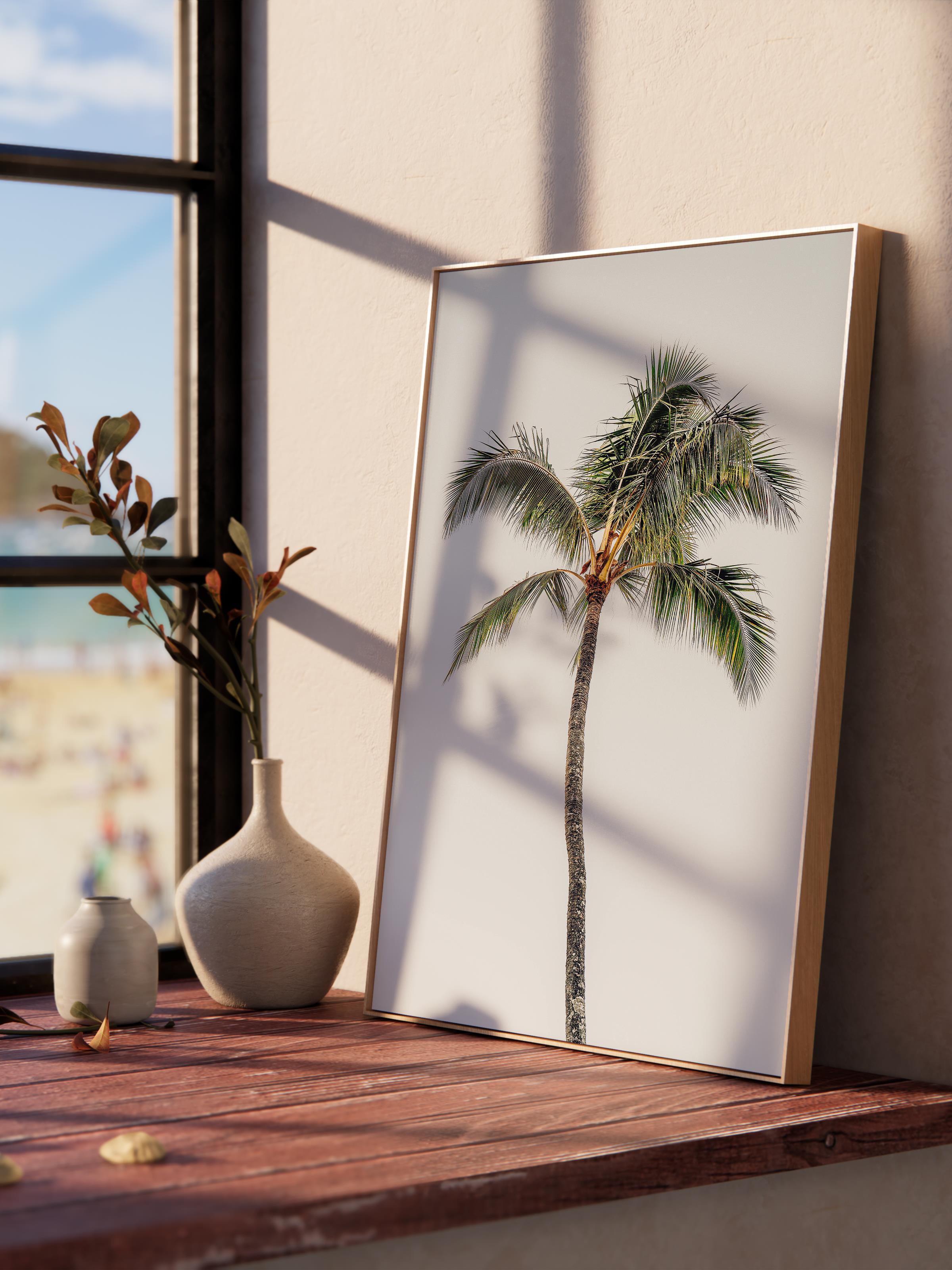 Çerçevesiz Poster, Yaz Temalı Tablo NO:124, Yalnız Palmiye Fotoğrafı, Beyaz Poster, Dikey