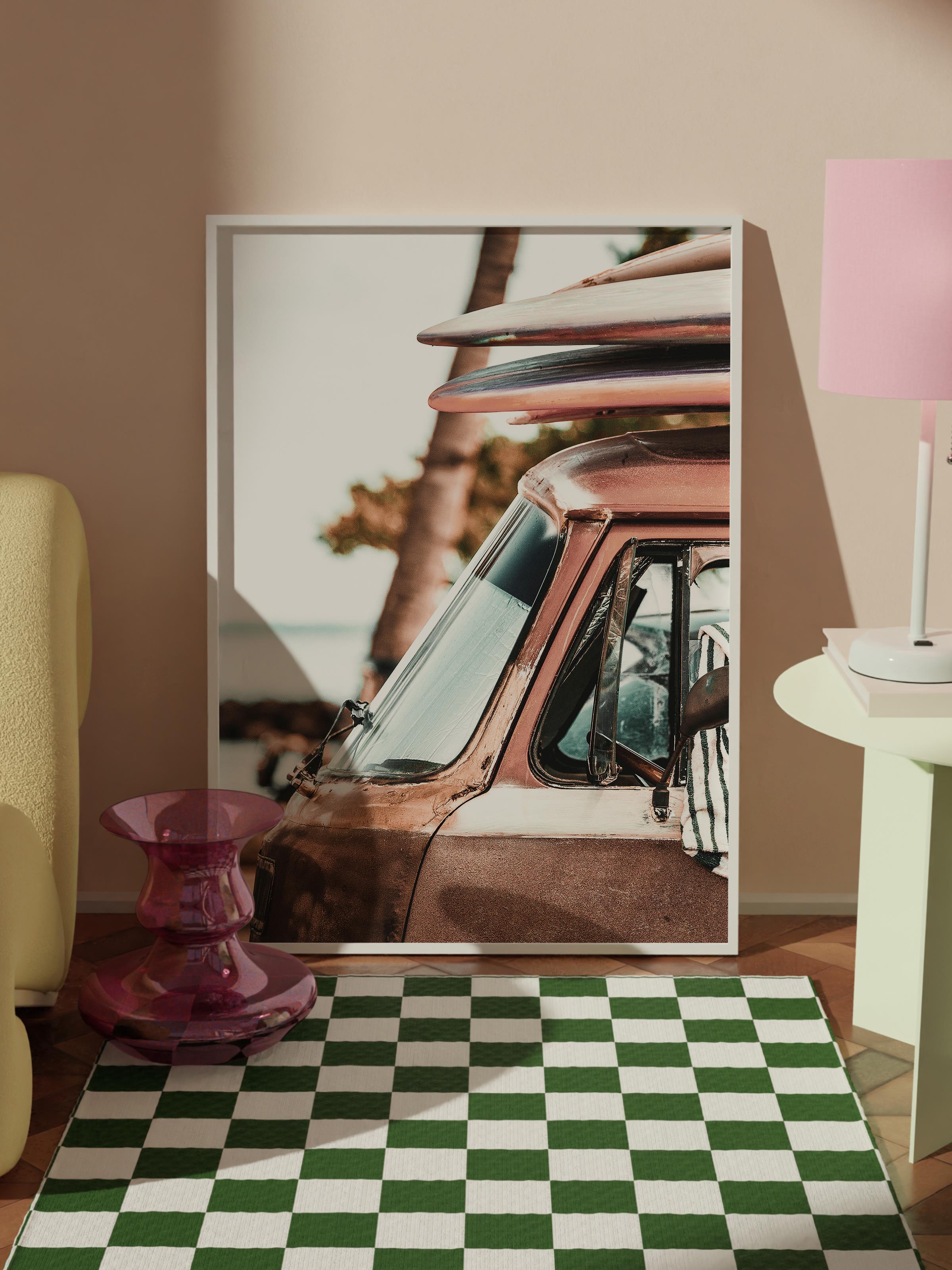 Çerçevesiz Poster, Yaz Temalı Tablo NO:125, Vintage Araba Fotoğrafı, Kahverengi Poster, Dikey