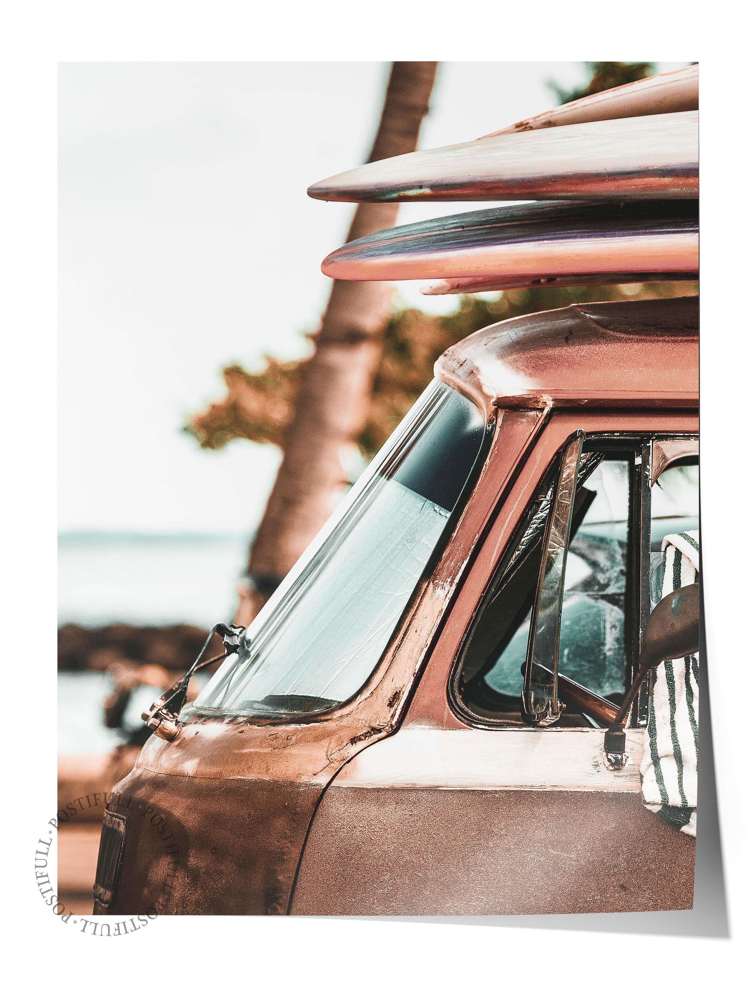 Çerçevesiz Poster, Yaz Temalı Tablo NO:125, Vintage Araba Fotoğrafı, Kahverengi Poster, Dikey