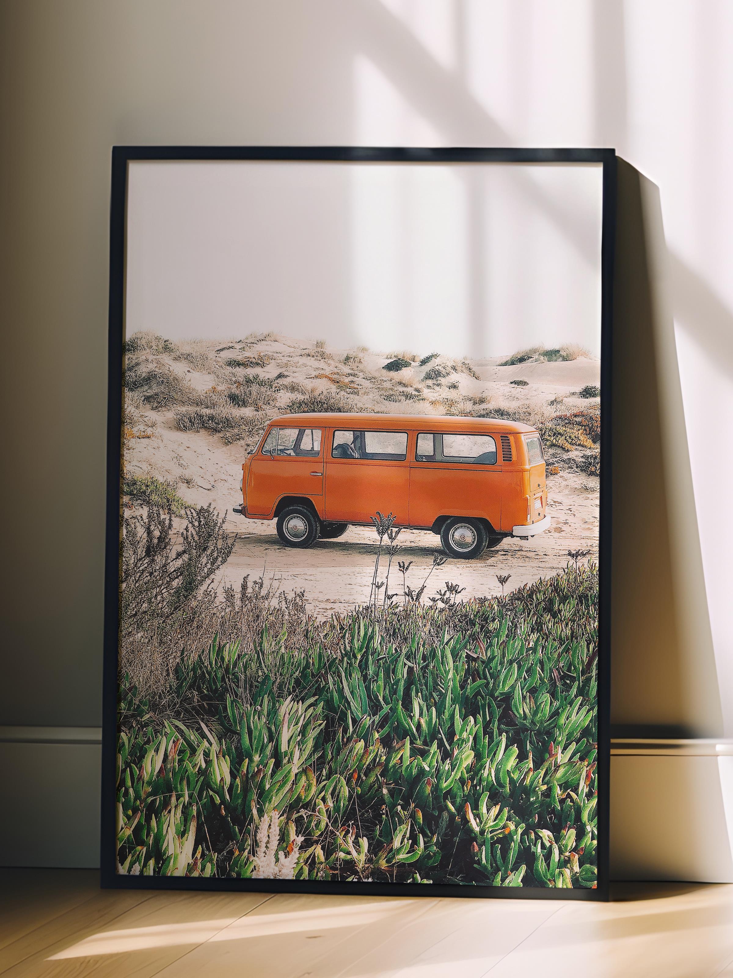 Çerçevesiz Poster, Yaz Temalı Tablo NO:131, Çöl ve Minibüs Fotoğrafı, Kahverengi Poster, Dikey