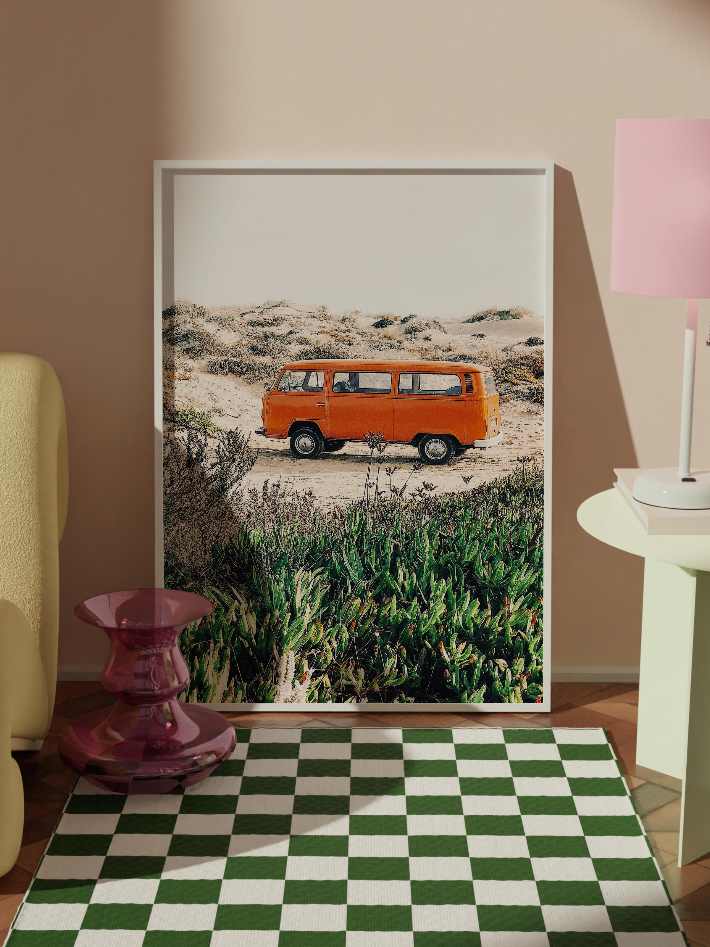 Çerçevesiz Poster, Yaz Temalı Tablo NO:131, Çöl ve Minibüs Fotoğrafı, Kahverengi Poster, Dikey