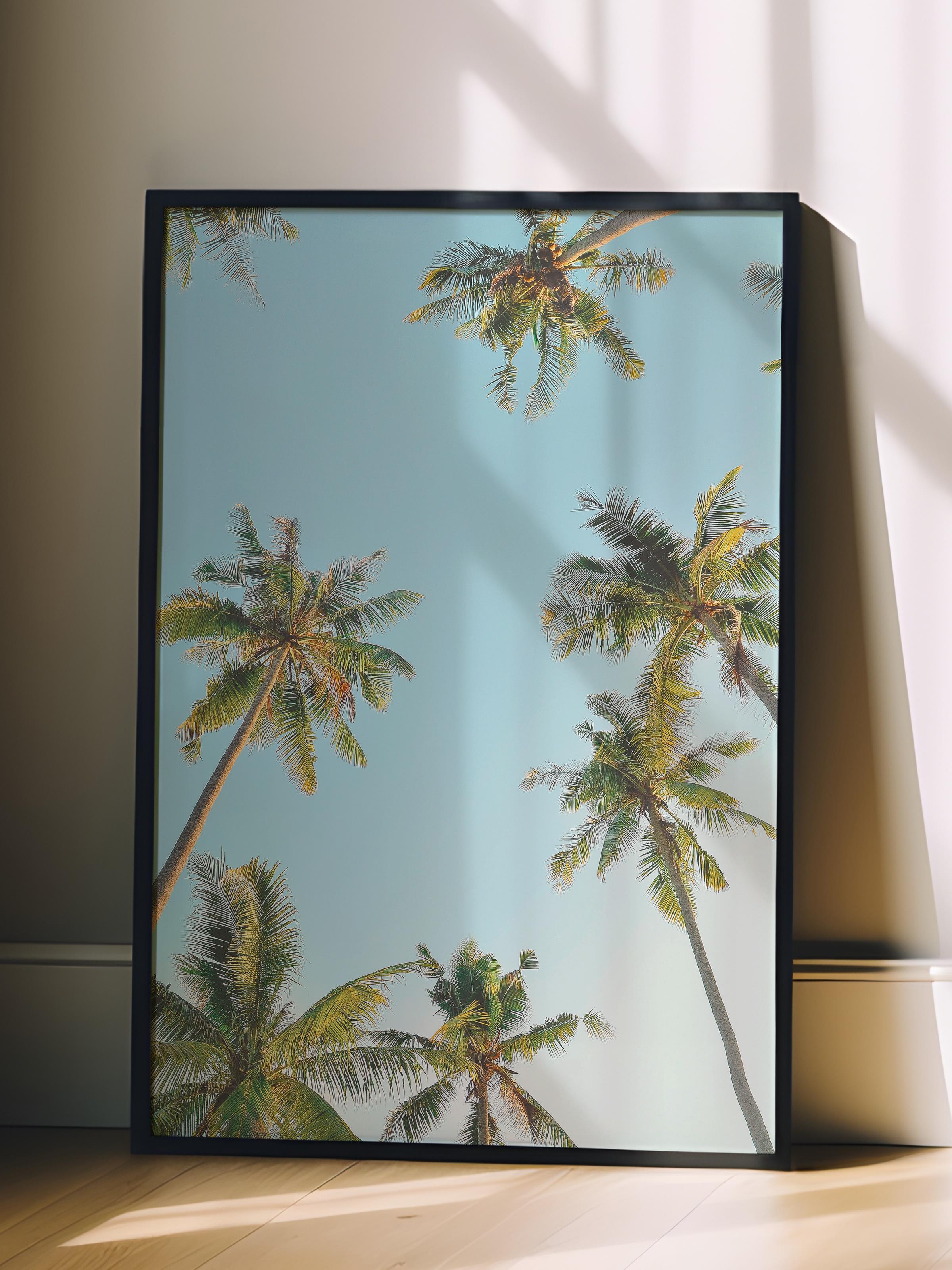 Çerçevesiz Poster, Yaz Temalı Tablo NO:132, Palmiye ve Mavi Gökyüzü Fotoğrafı, Mavi Poster, Dikey