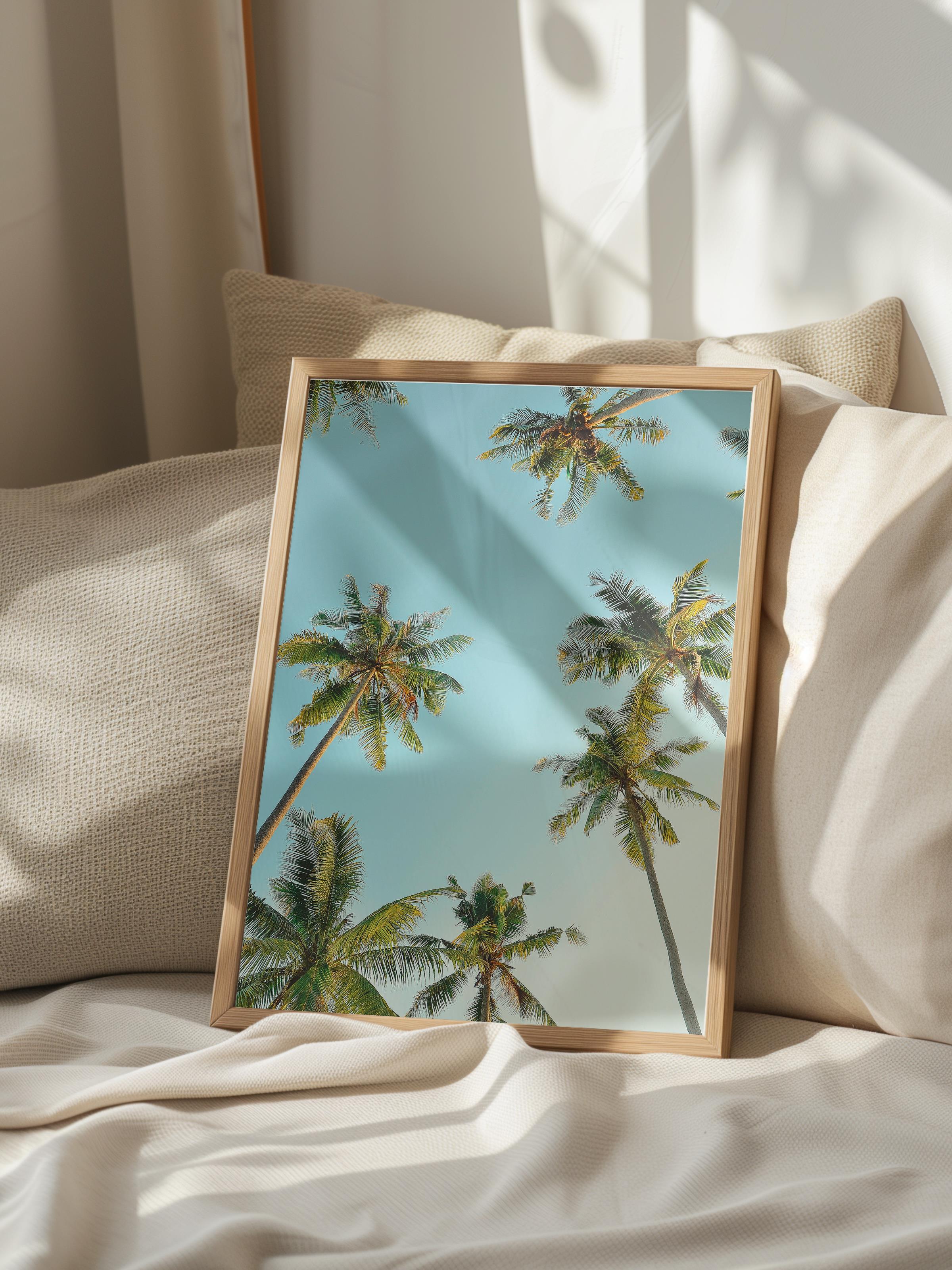 Çerçevesiz Poster, Yaz Temalı Tablo NO:132, Palmiye ve Mavi Gökyüzü Fotoğrafı, Mavi Poster, Dikey