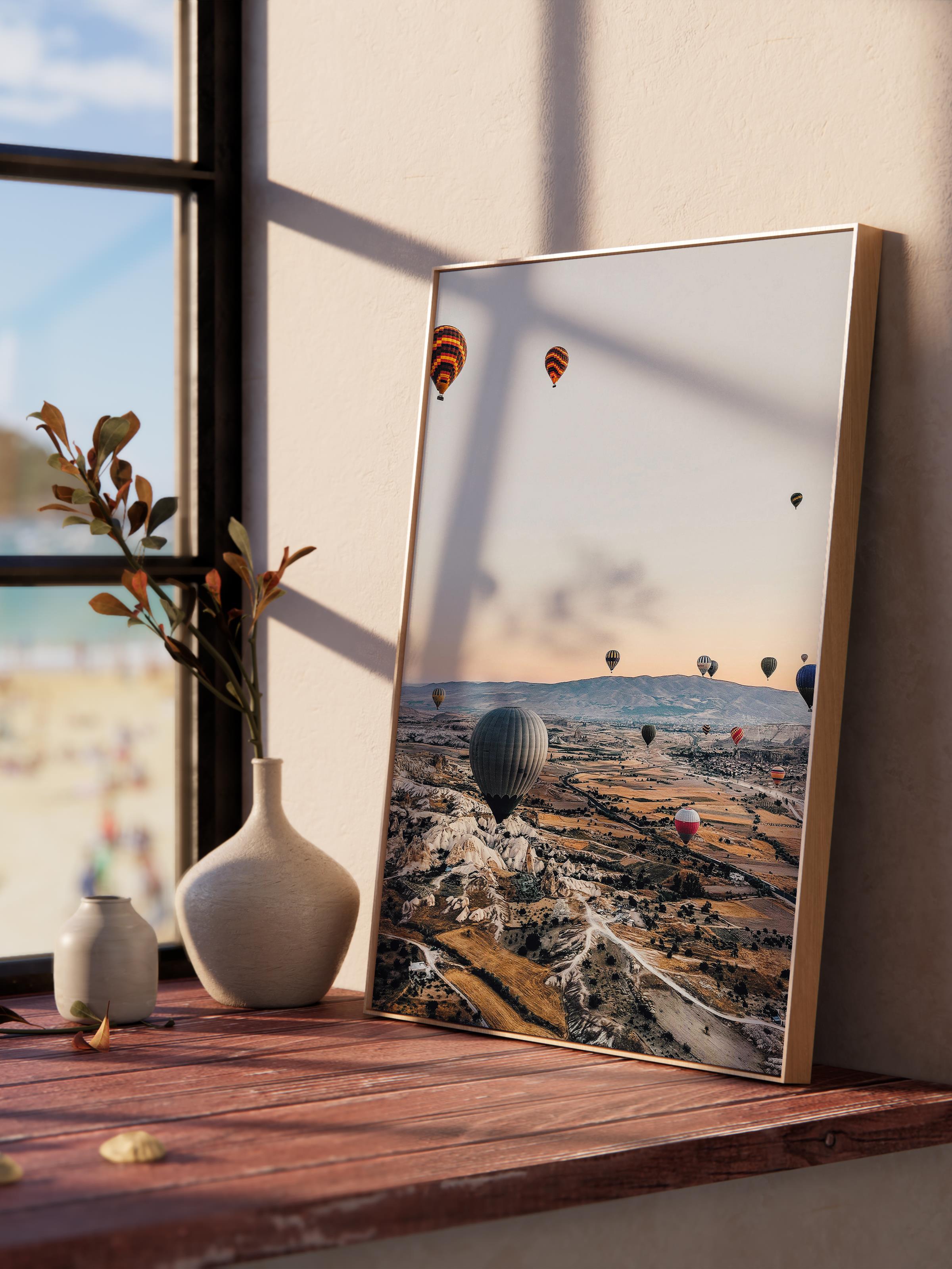 Çerçevesiz Poster, Yaz Temalı Tablo NO:134, Balonlar ve Gün Batımı Fotoğrafı, Turuncu Poster, Dikey