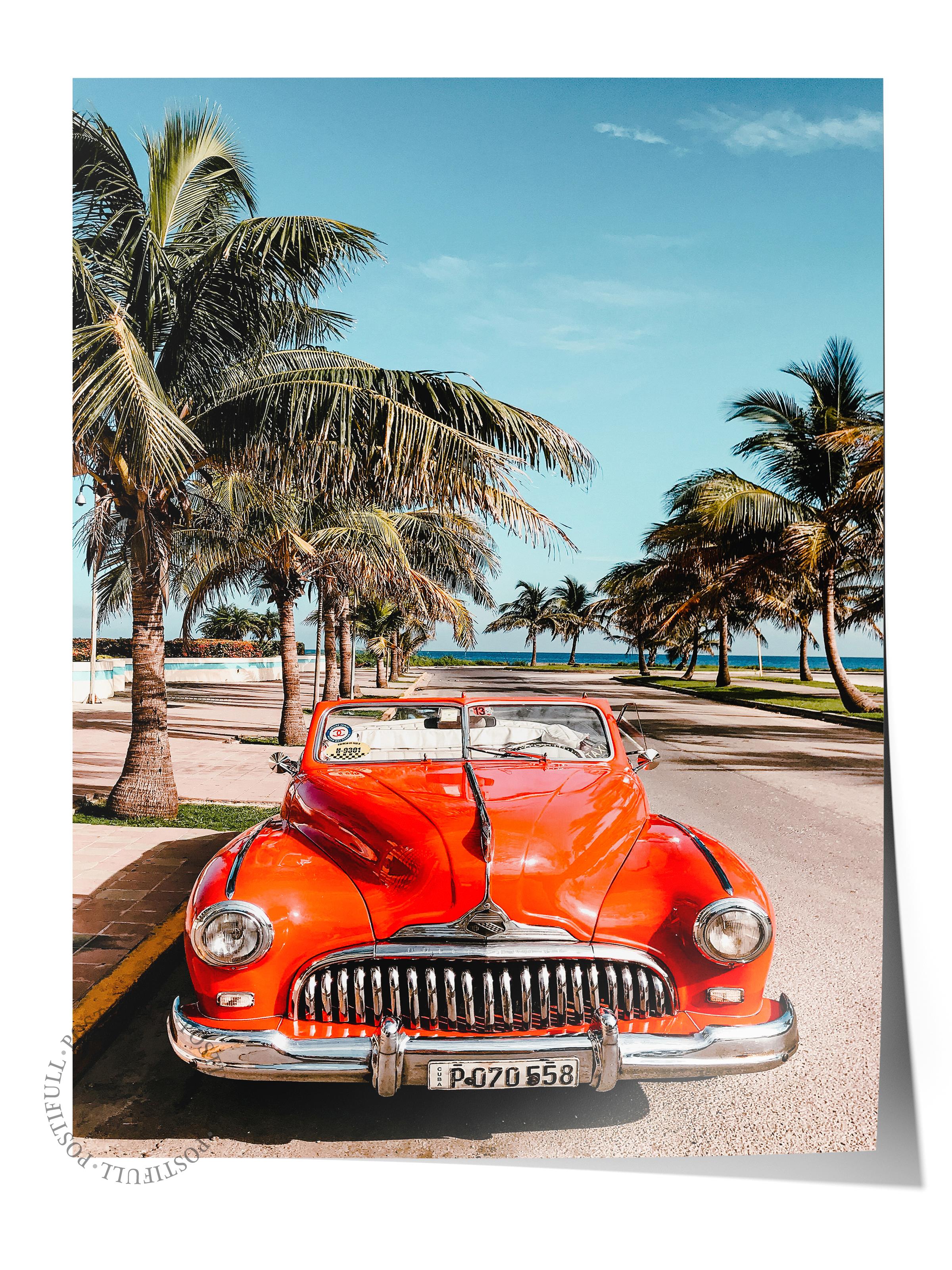 Çerçevesiz Poster, Yaz Temalı Tablo NO:137, Klasik Kırmızı Araba Fotoğrafı, Kırmızı Poster, Dikey