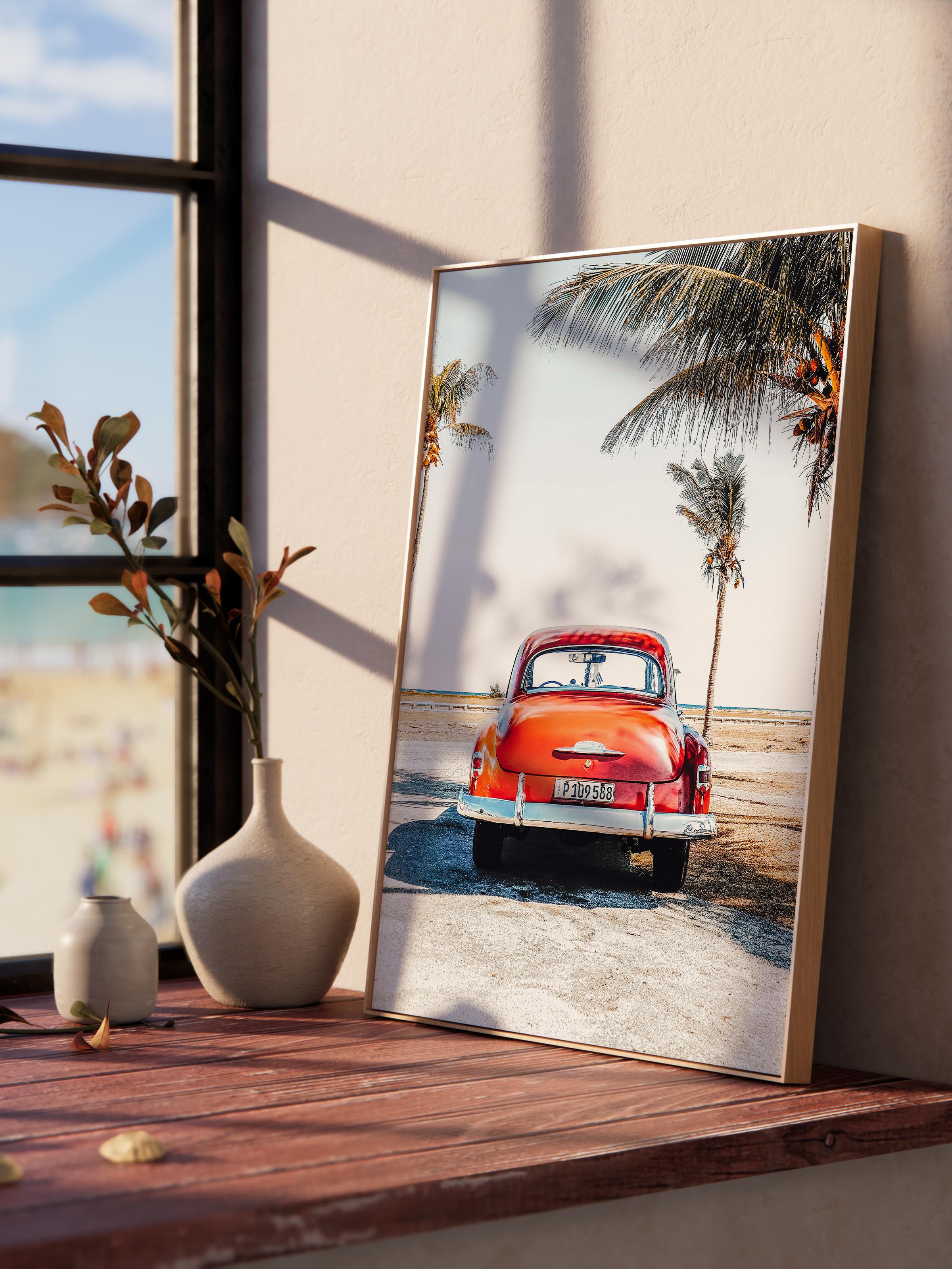 Çerçevesiz Poster, Yaz Temalı Tablo NO:138, Klasik Kırmızı Araba Fotoğrafı, Kırmızı Poster, Dikey