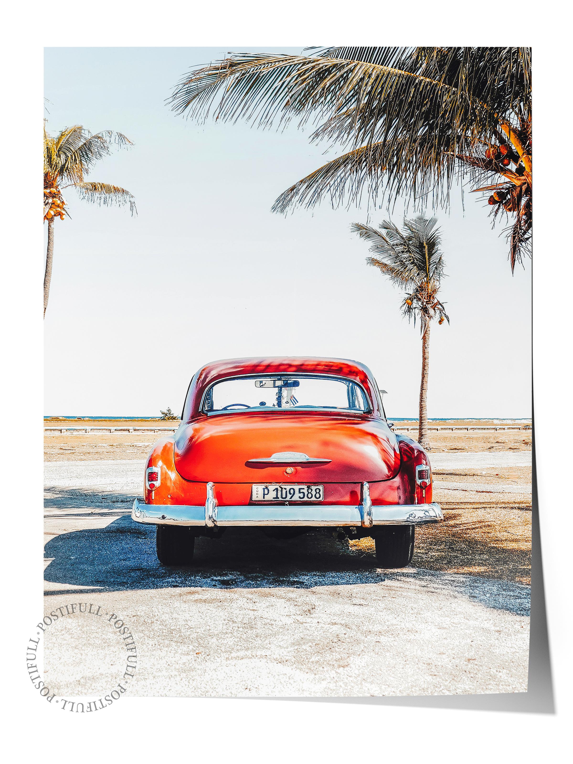 Çerçevesiz Poster, Yaz Temalı Tablo NO:138, Klasik Kırmızı Araba Fotoğrafı, Kırmızı Poster, Dikey