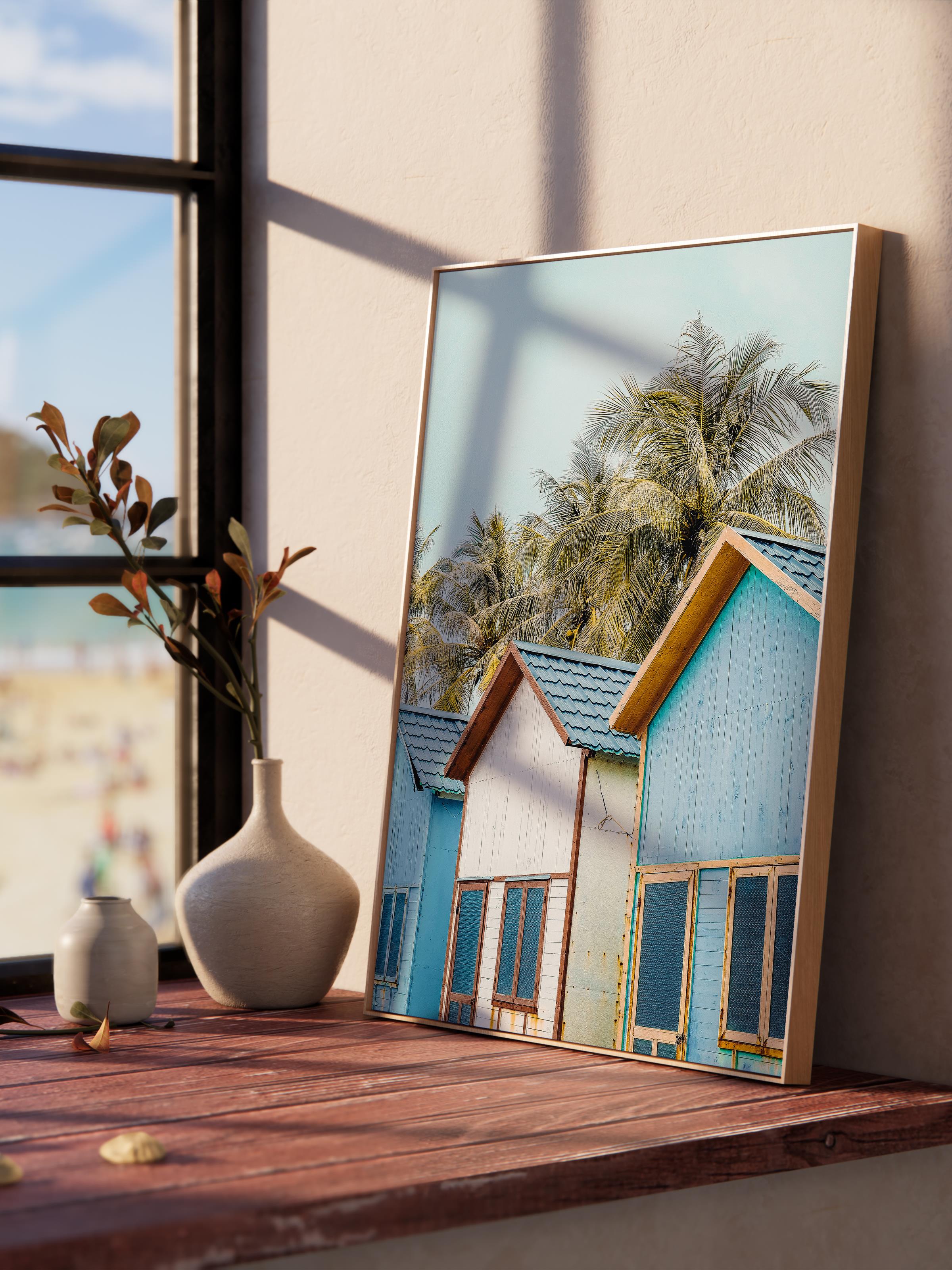 Çerçevesiz Poster, Yaz Temalı Tablo NO:139, Plaj Evleri Fotoğrafı, Mavi Poster, Dikey