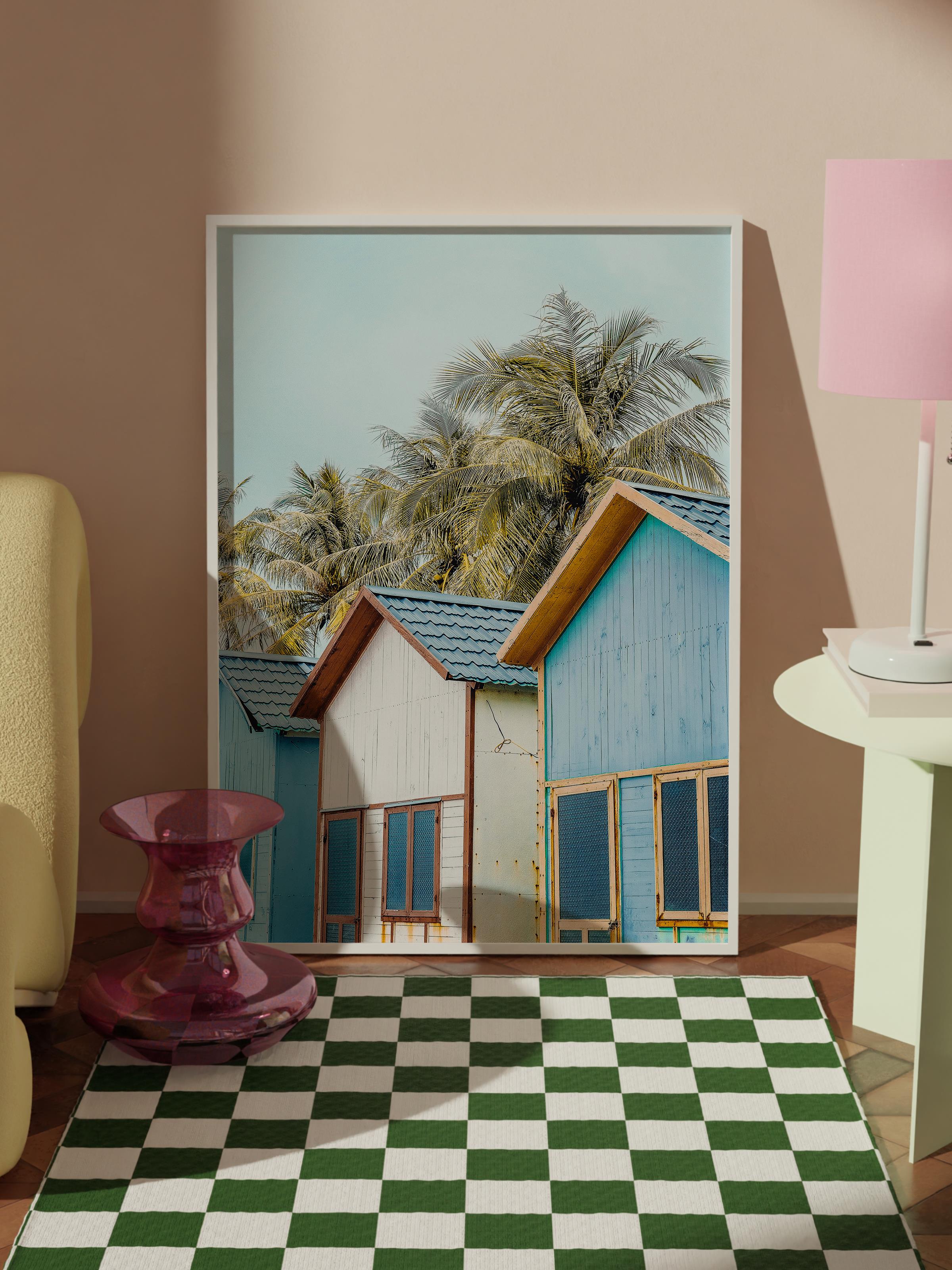 Çerçevesiz Poster, Yaz Temalı Tablo NO:139, Plaj Evleri Fotoğrafı, Mavi Poster, Dikey