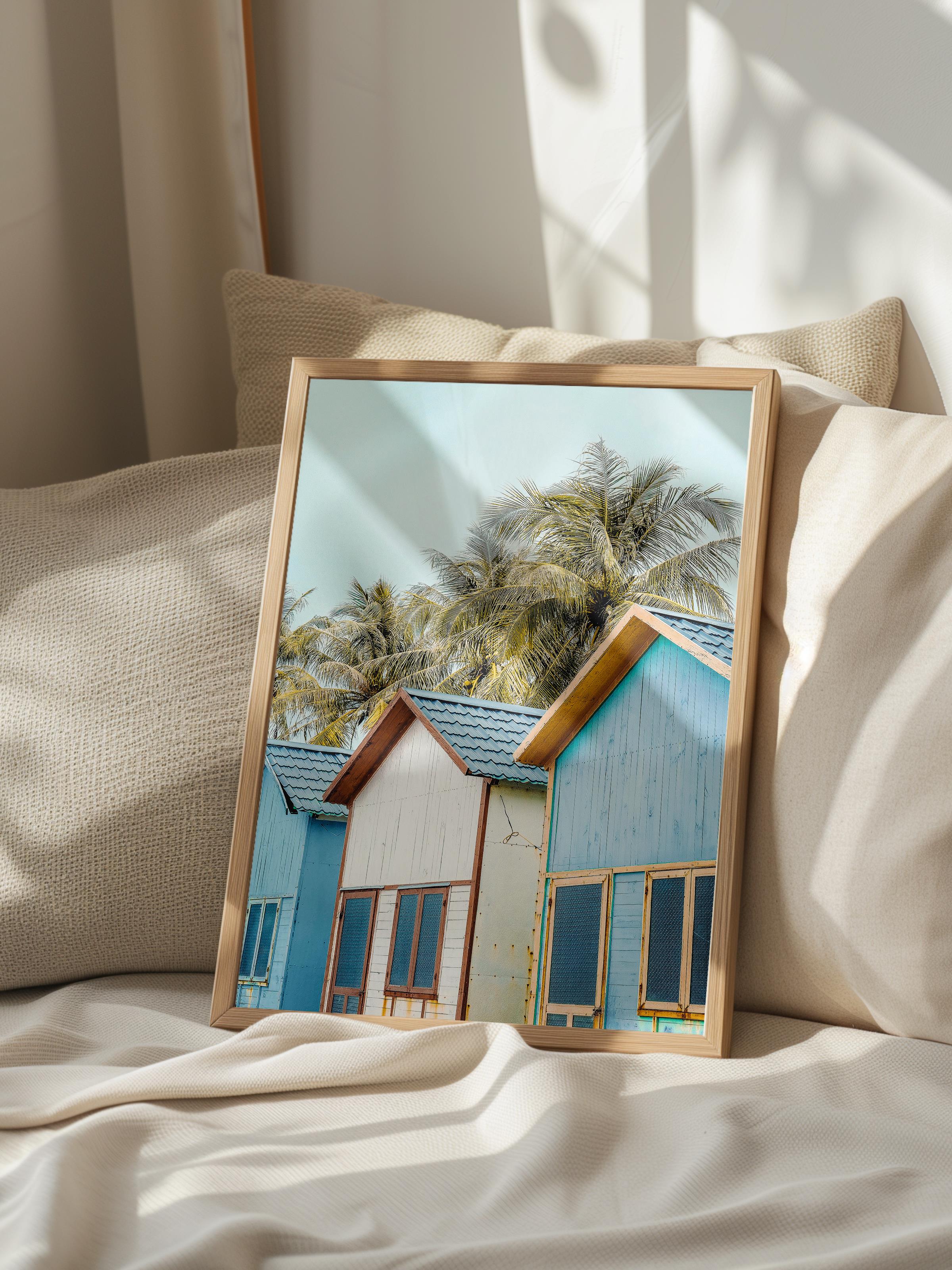 Çerçevesiz Poster, Yaz Temalı Tablo NO:139, Plaj Evleri Fotoğrafı, Mavi Poster, Dikey