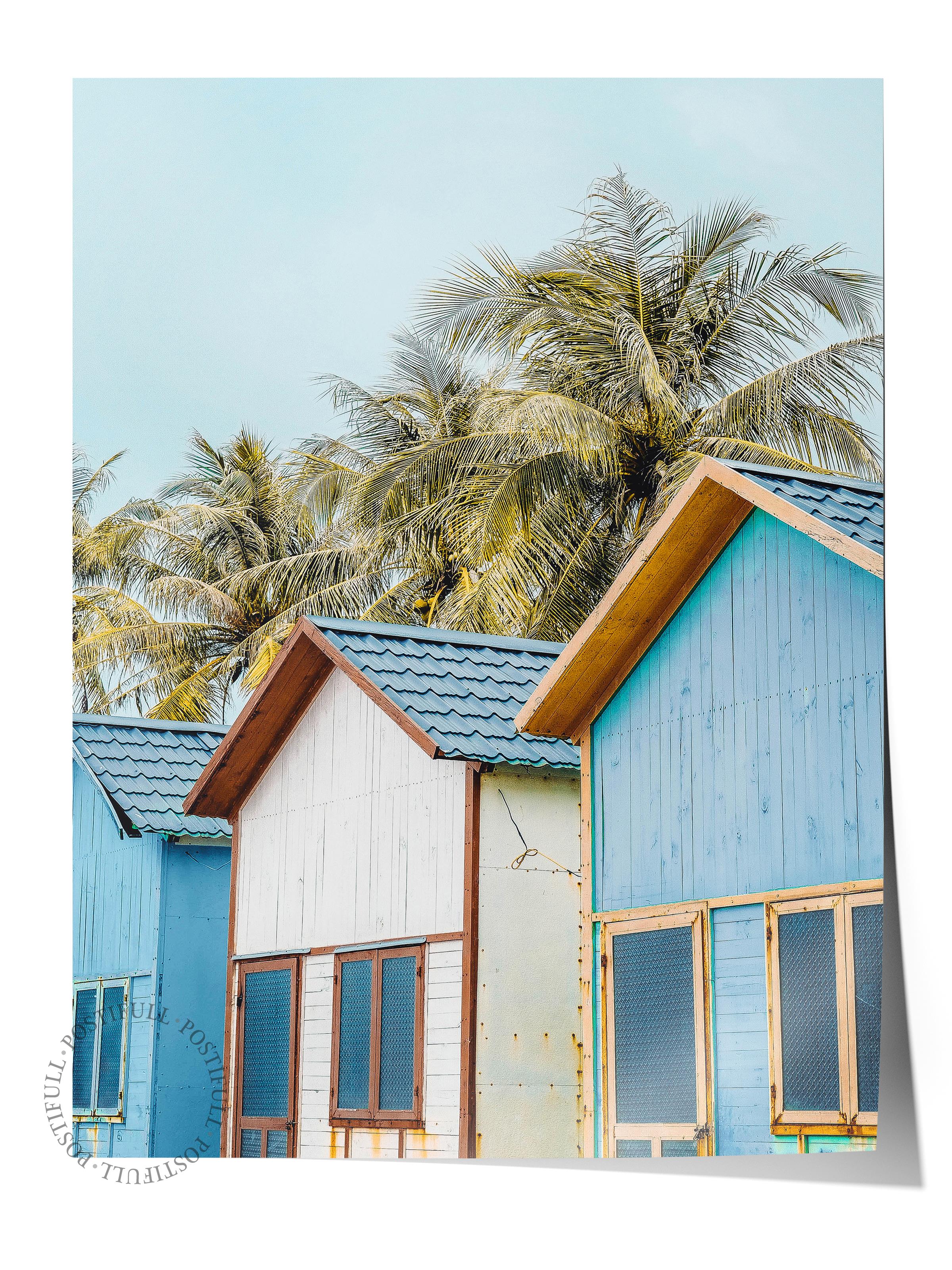 Çerçevesiz Poster, Yaz Temalı Tablo NO:139, Plaj Evleri Fotoğrafı, Mavi Poster, Dikey