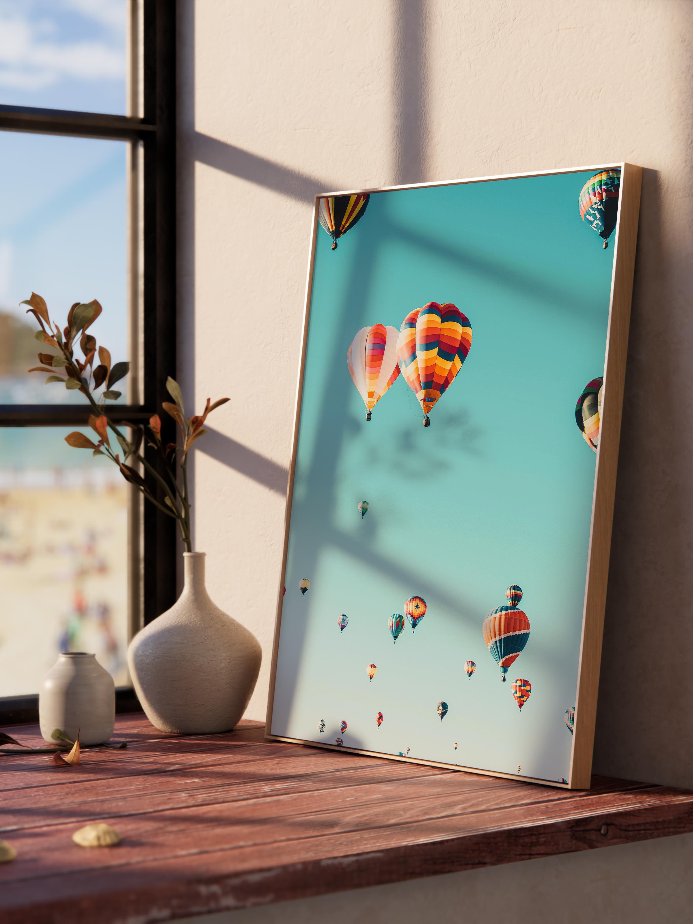 Çerçevesiz Poster, Yaz Temalı Tablo NO:145, Balon Festivali Fotoğrafı, Mavi Poster, Dikey