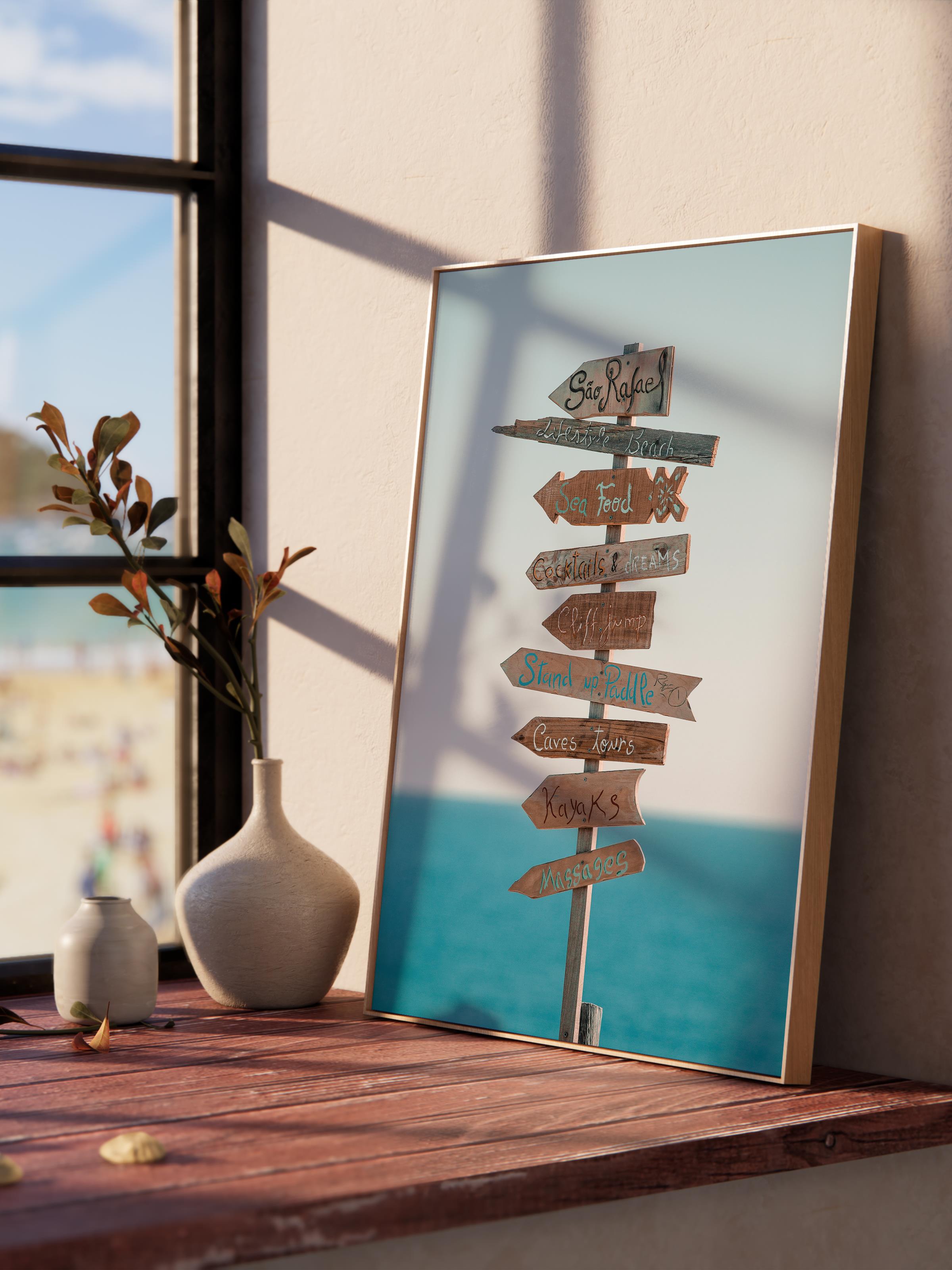 Çerçevesiz Poster, Yaz Temalı Tablo NO:150, Yol Tabelası Fotoğrafı, Mavi Poster, Dikey