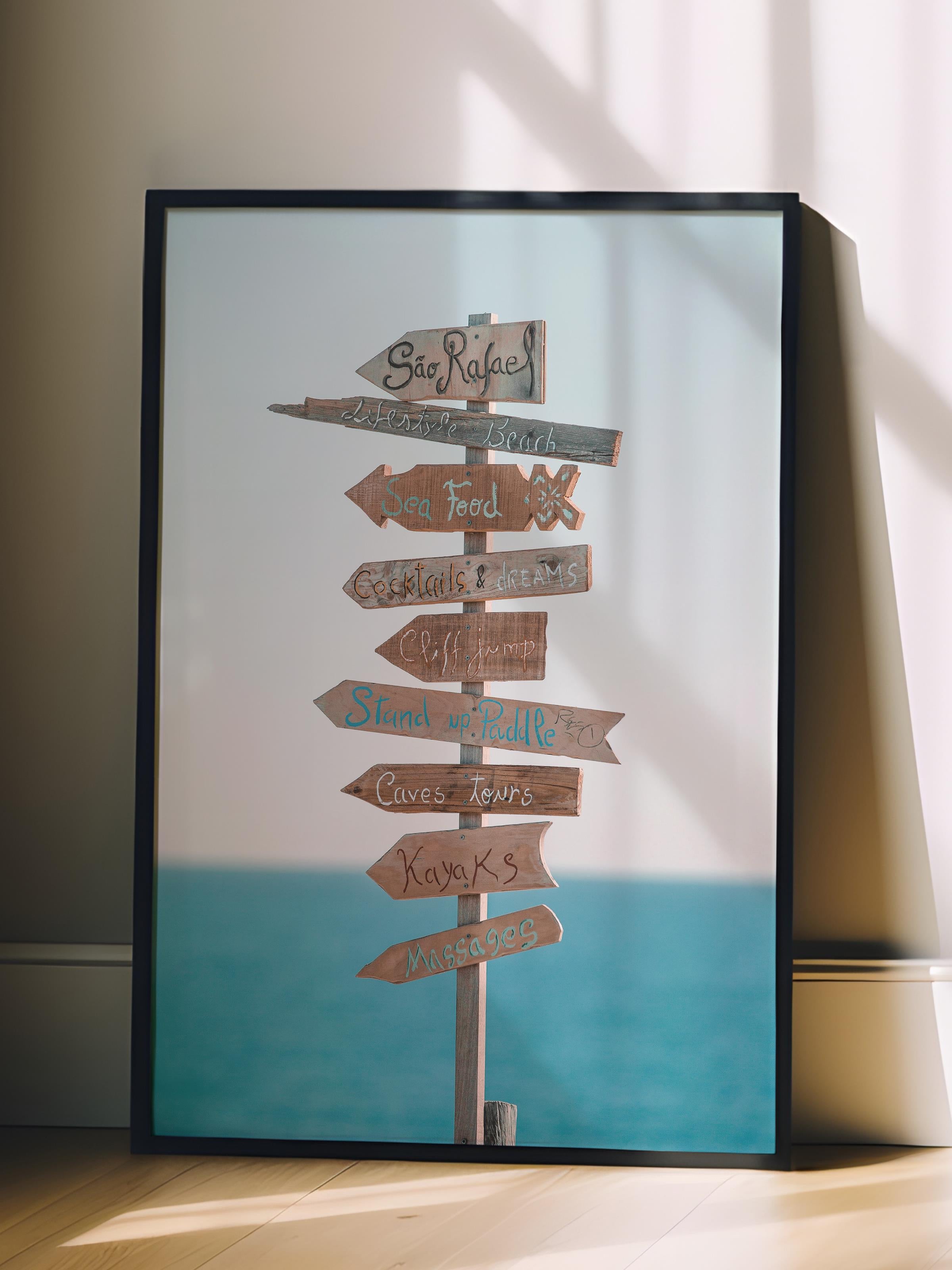 Çerçevesiz Poster, Yaz Temalı Tablo NO:150, Yol Tabelası Fotoğrafı, Mavi Poster, Dikey