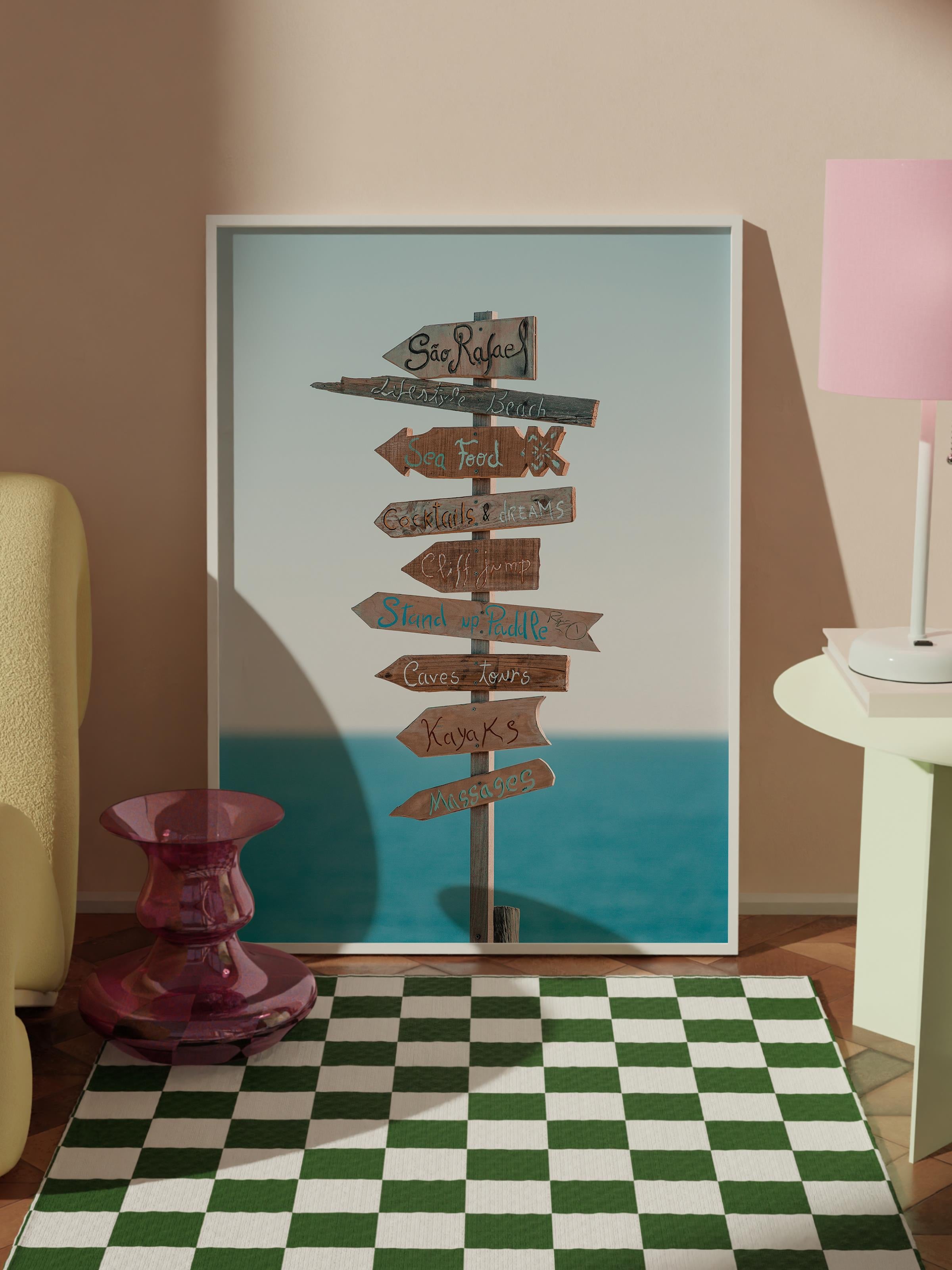 Çerçevesiz Poster, Yaz Temalı Tablo NO:150, Yol Tabelası Fotoğrafı, Mavi Poster, Dikey