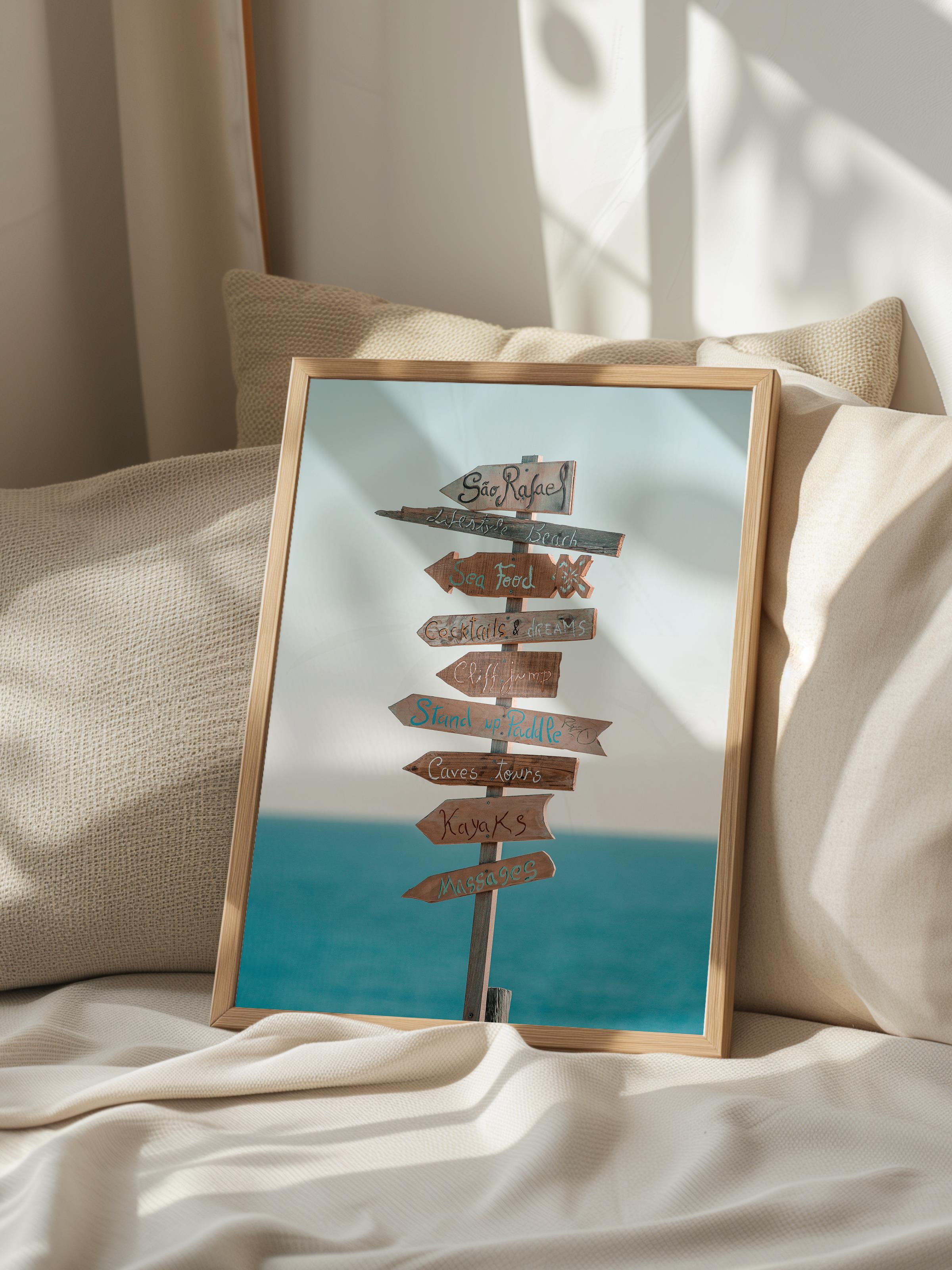 Çerçevesiz Poster, Yaz Temalı Tablo NO:150, Yol Tabelası Fotoğrafı, Mavi Poster, Dikey