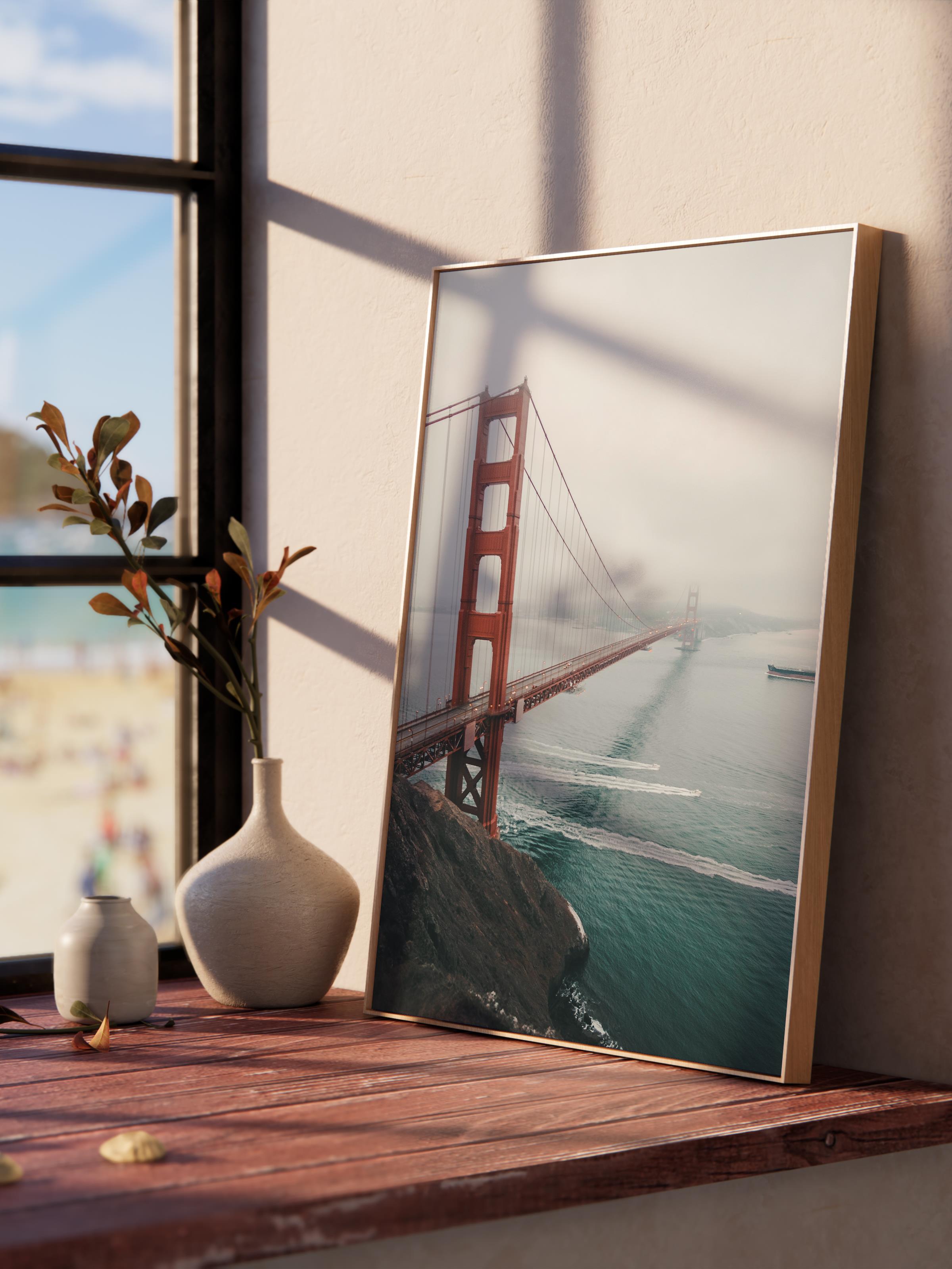 Çerçevesiz Poster, Yaz Temalı Tablo NO:161, Golden Gate Köprüsü Fotoğrafı, Gri Poster, Dikey