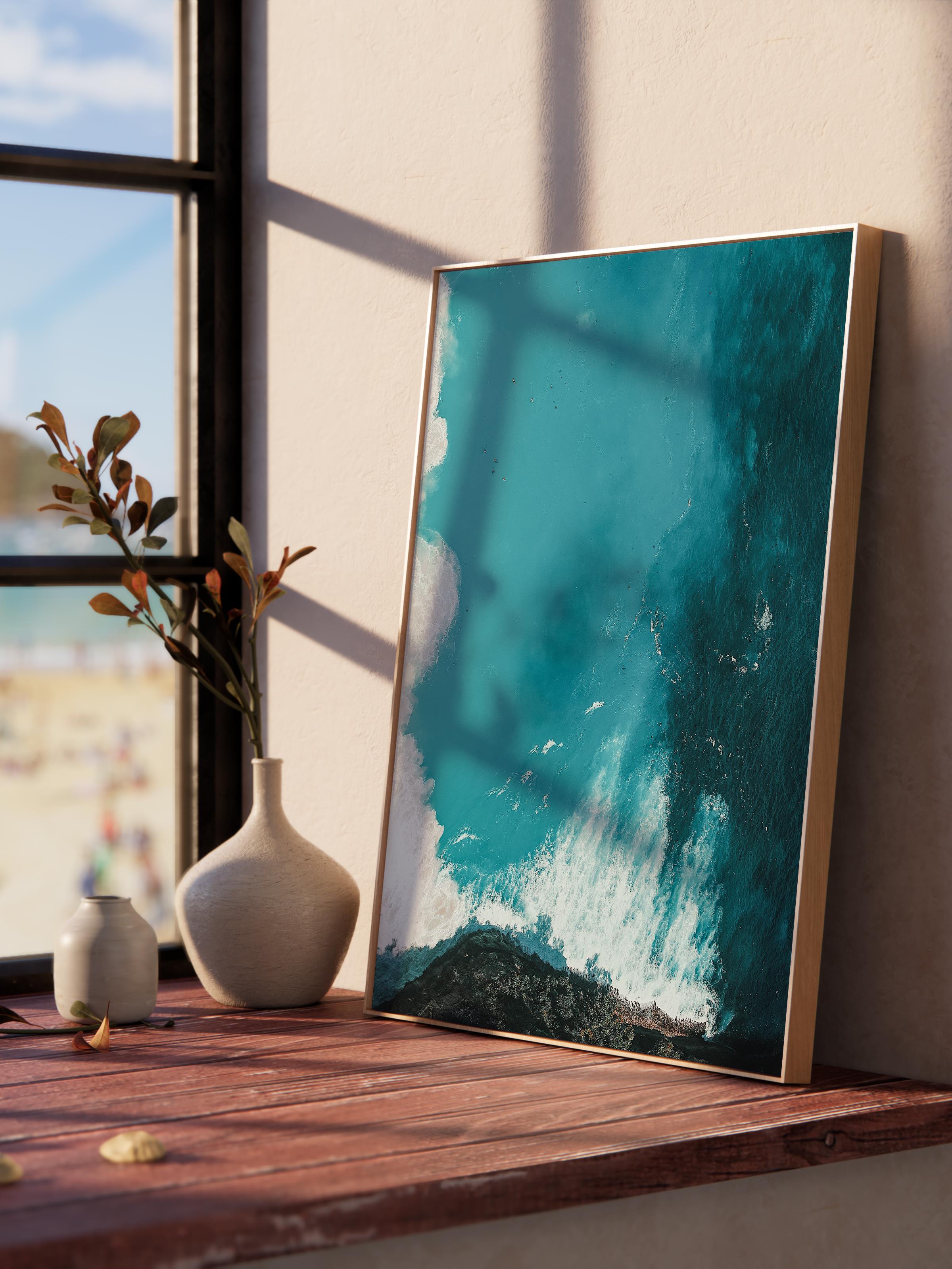 Çerçevesiz Poster, Yaz Temalı Tablo NO:164, Dalga ve Kayalar Fotoğrafı, Mavi Poster, Dikey