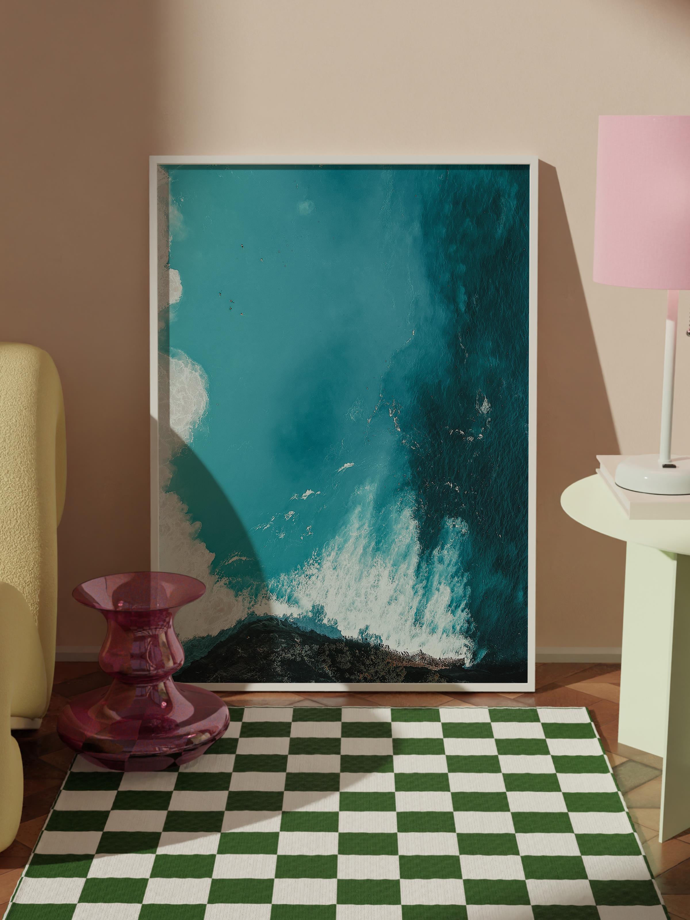 Çerçevesiz Poster, Yaz Temalı Tablo NO:164, Dalga ve Kayalar Fotoğrafı, Mavi Poster, Dikey