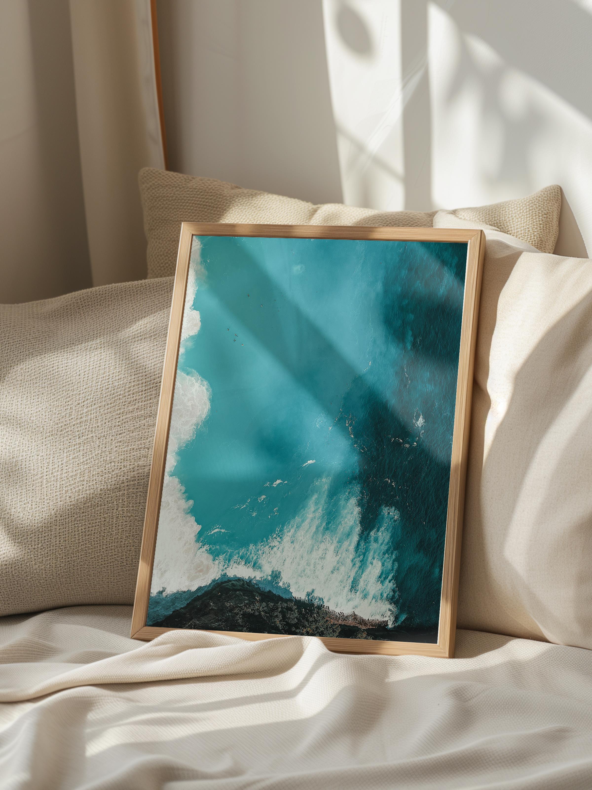 Çerçevesiz Poster, Yaz Temalı Tablo NO:164, Dalga ve Kayalar Fotoğrafı, Mavi Poster, Dikey