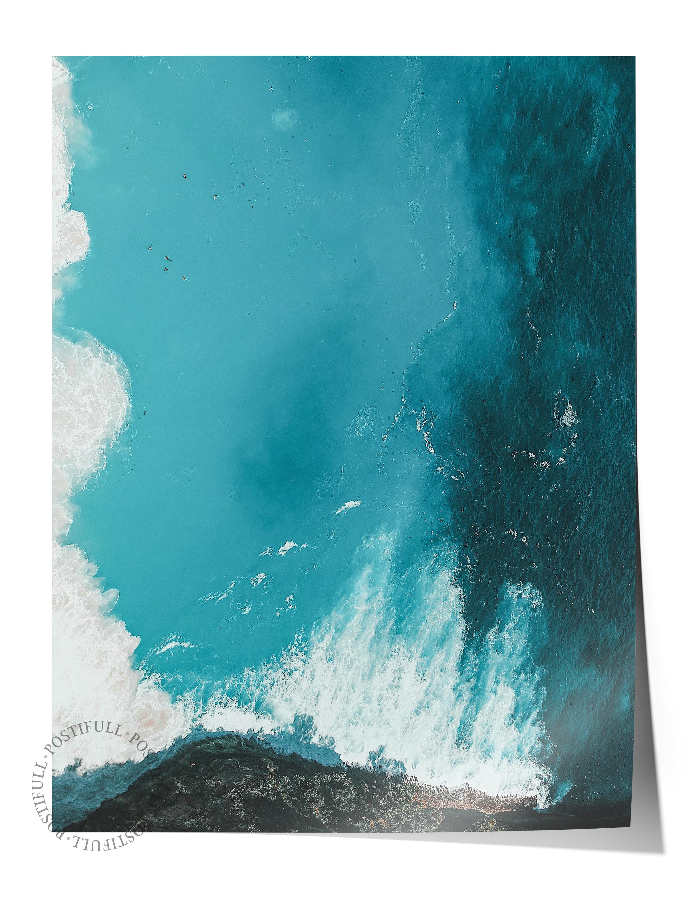 Çerçevesiz Poster, Yaz Temalı Tablo NO:164, Dalga ve Kayalar Fotoğrafı, Mavi Poster, Dikey