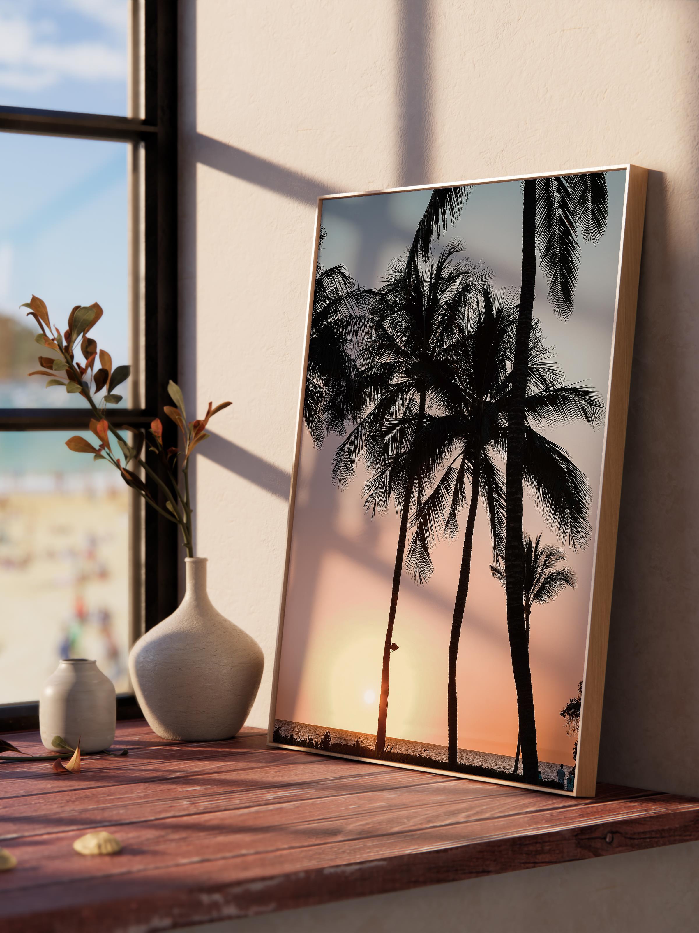 Çerçevesiz Poster, Yaz Temalı Tablo NO:174, Gün Batımında Palmiyeler Fotoğrafı, Siyah Poster, Dikey