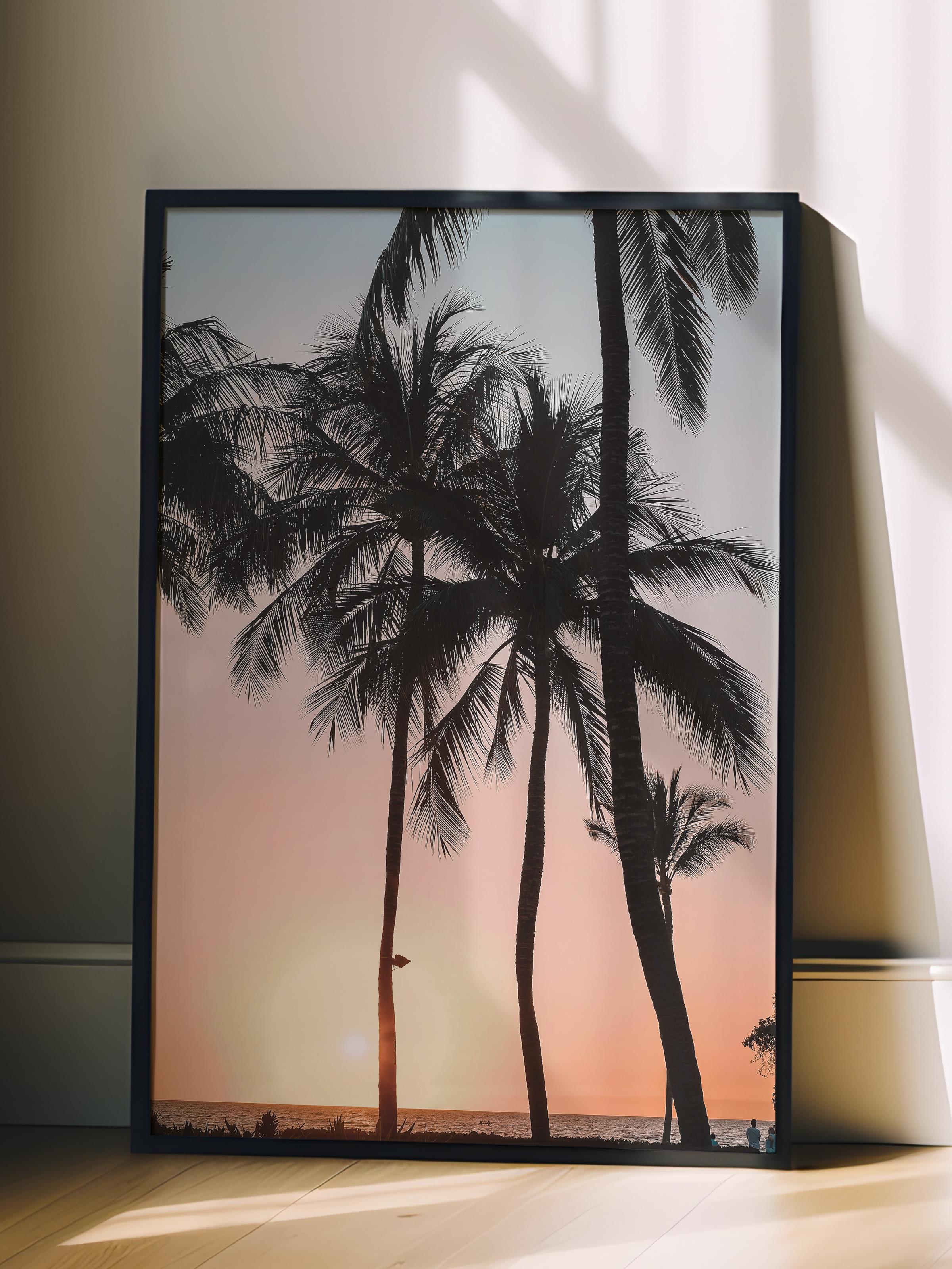 Çerçevesiz Poster, Yaz Temalı Tablo NO:174, Gün Batımında Palmiyeler Fotoğrafı, Siyah Poster, Dikey