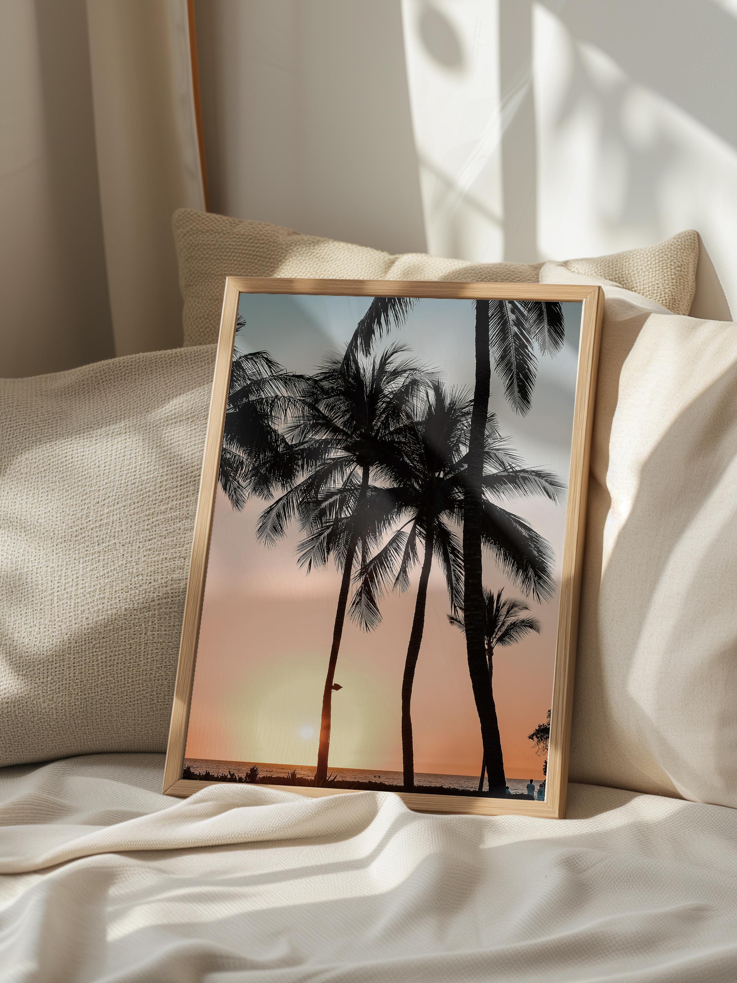 Çerçevesiz Poster, Yaz Temalı Tablo NO:174, Gün Batımında Palmiyeler Fotoğrafı, Siyah Poster, Dikey