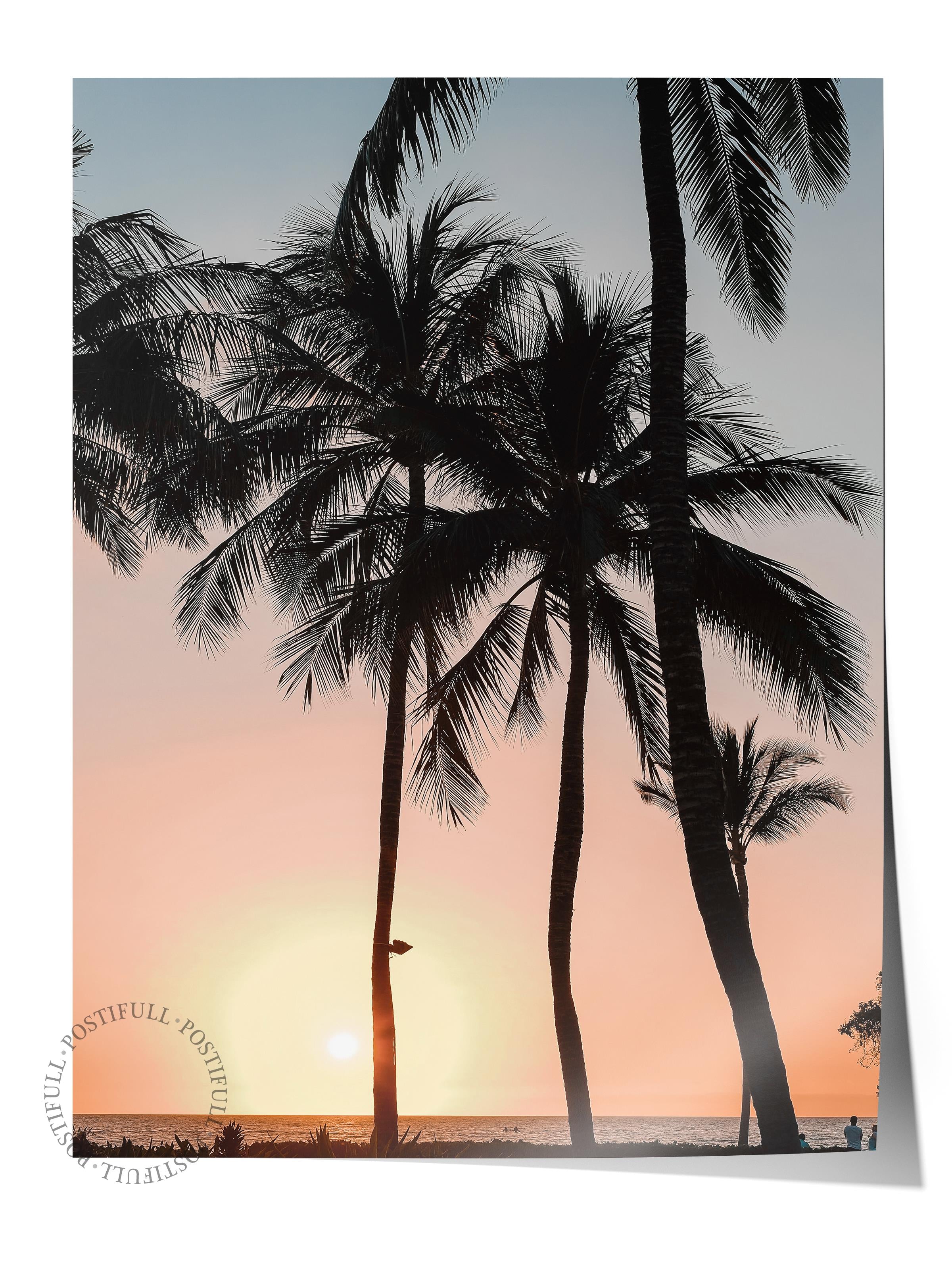 Çerçevesiz Poster, Yaz Temalı Tablo NO:174, Gün Batımında Palmiyeler Fotoğrafı, Siyah Poster, Dikey