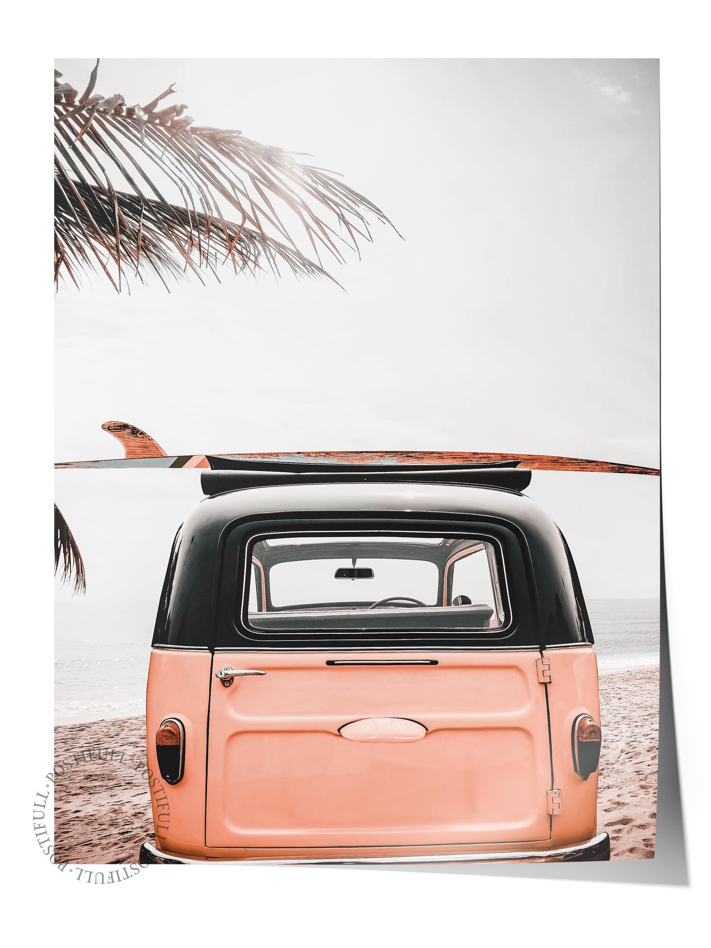 Çerçevesiz Poster, Yaz Temalı Tablo NO:183, Retro Araç ve Palmiye Fotoğrafı, Beyaz Poster, Dikey