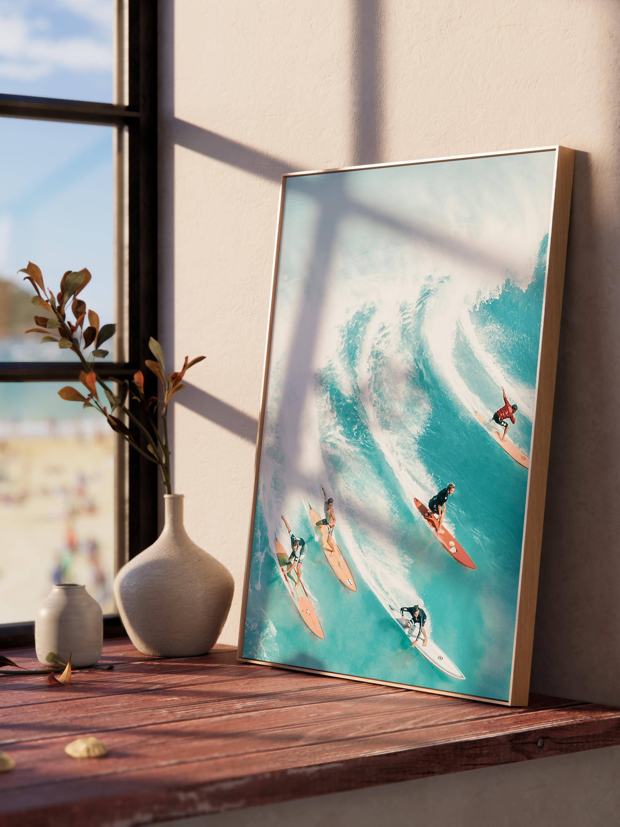 Çerçevesiz Poster, Yaz Temalı Tablo NO:185, Dalga Sörfçüleri Fotoğrafı, Beyaz Poster, Dikey