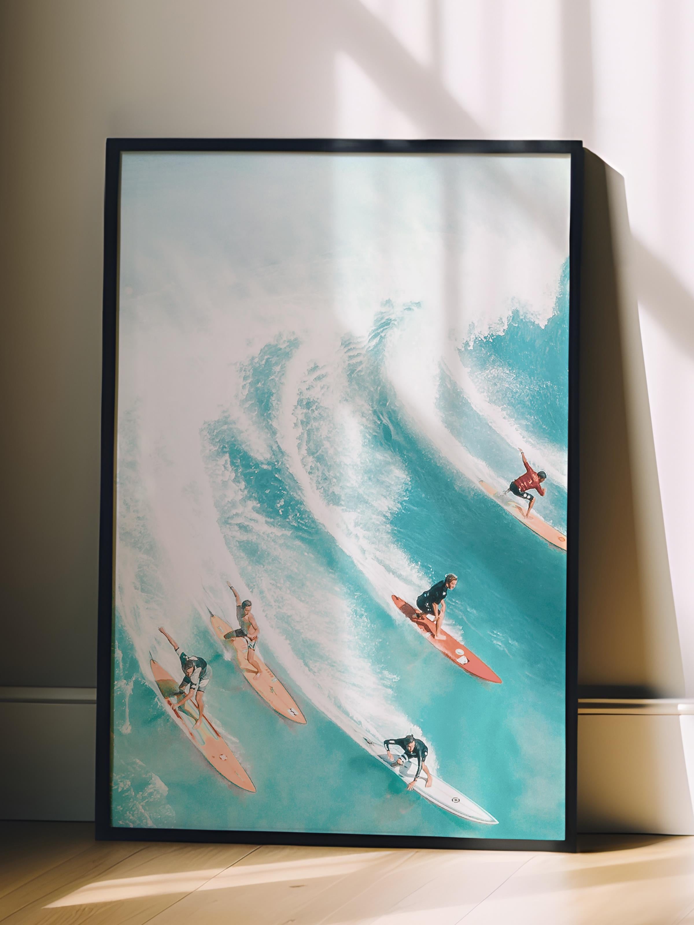 Çerçevesiz Poster, Yaz Temalı Tablo NO:185, Dalga Sörfçüleri Fotoğrafı, Beyaz Poster, Dikey