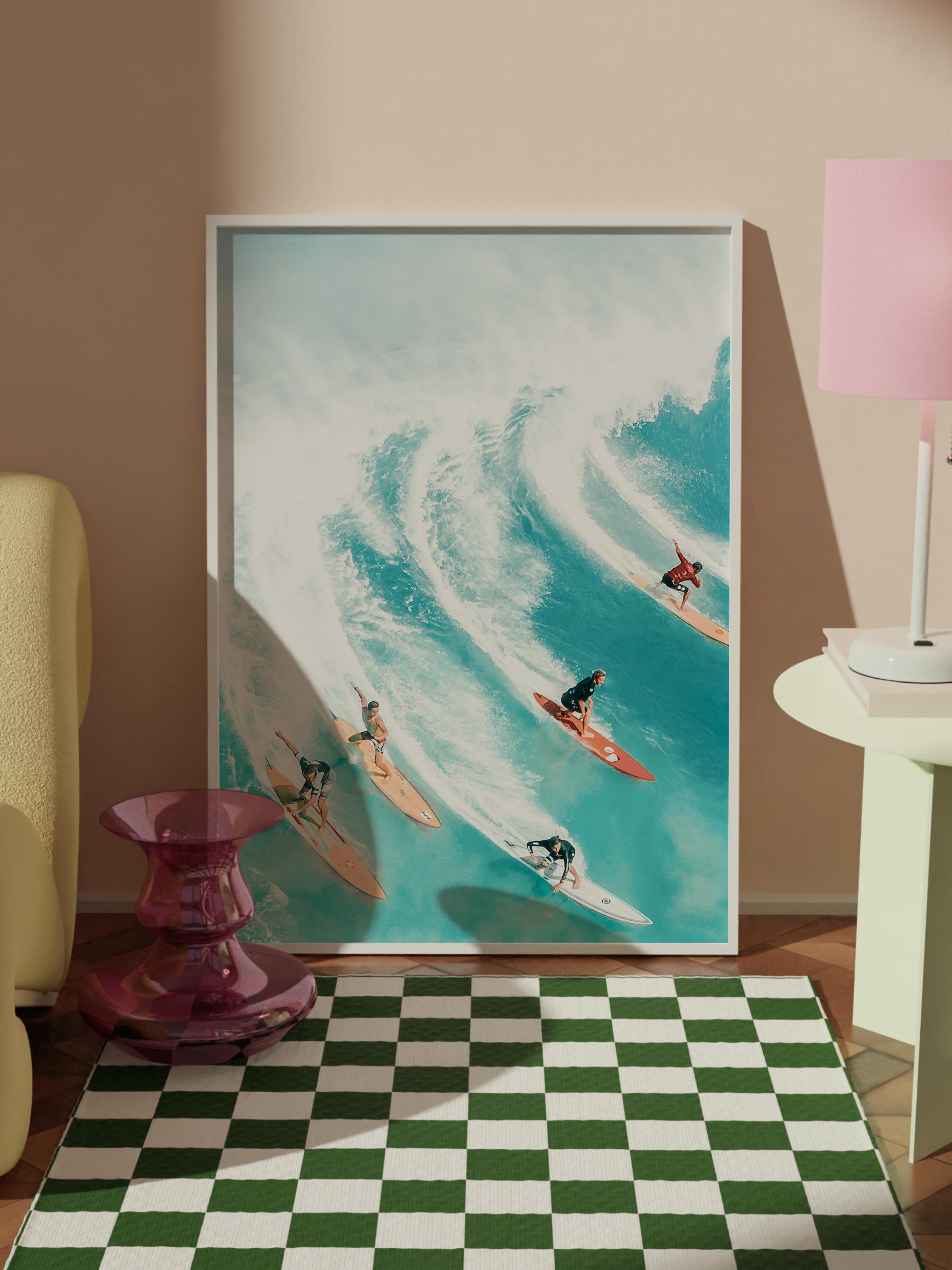 Çerçevesiz Poster, Yaz Temalı Tablo NO:185, Dalga Sörfçüleri Fotoğrafı, Beyaz Poster, Dikey