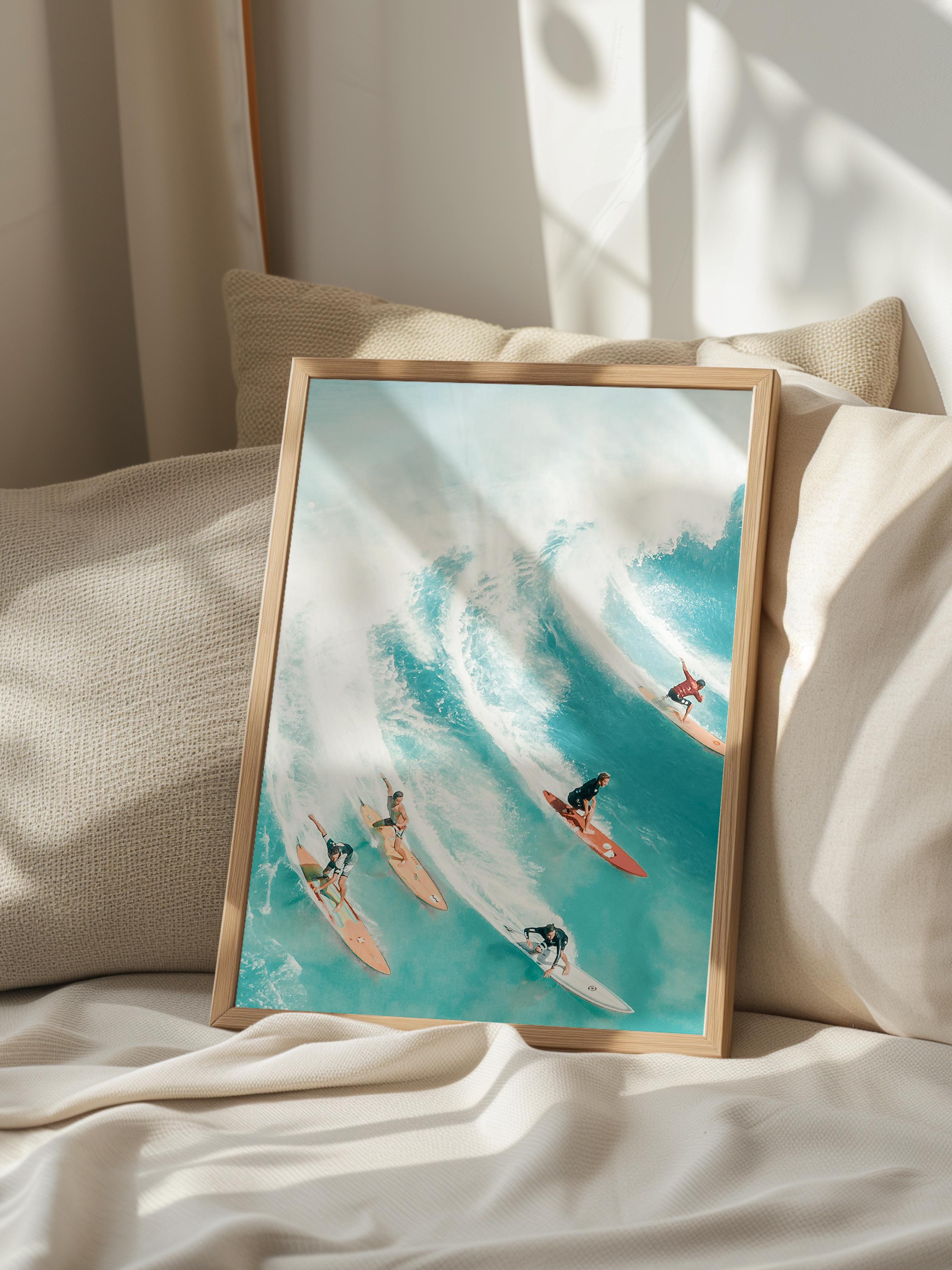 Çerçevesiz Poster, Yaz Temalı Tablo NO:185, Dalga Sörfçüleri Fotoğrafı, Beyaz Poster, Dikey