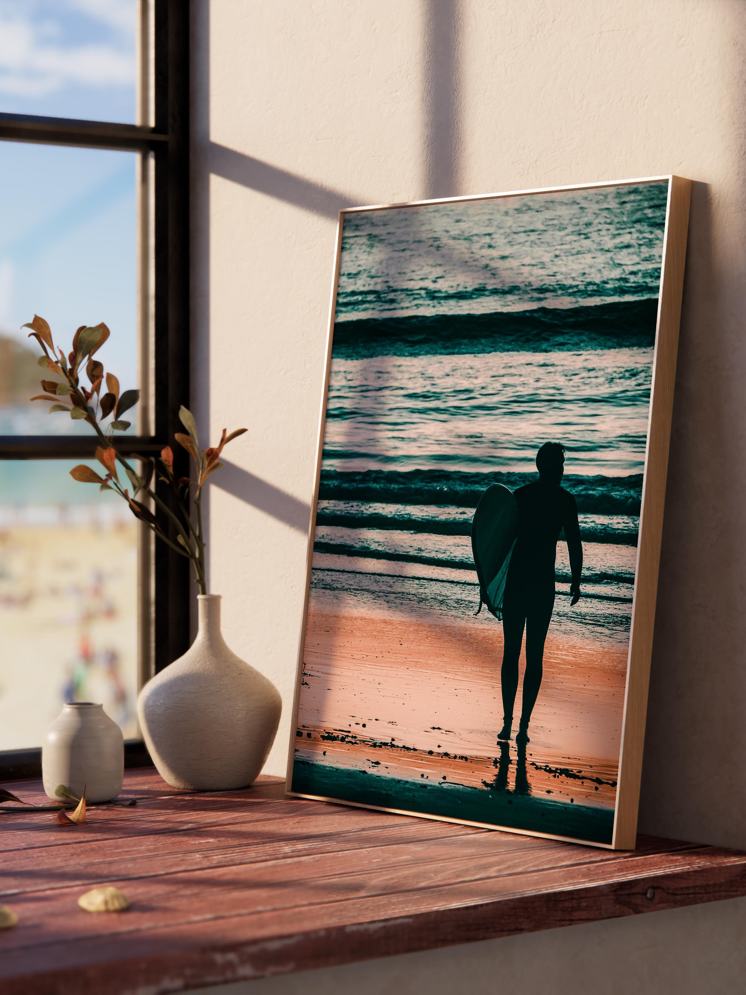 Çerçevesiz Poster, Yaz Temalı Tablo NO:192, Gün Batımında Sörfçü Fotoğrafı, Siyah Poster, Dikey