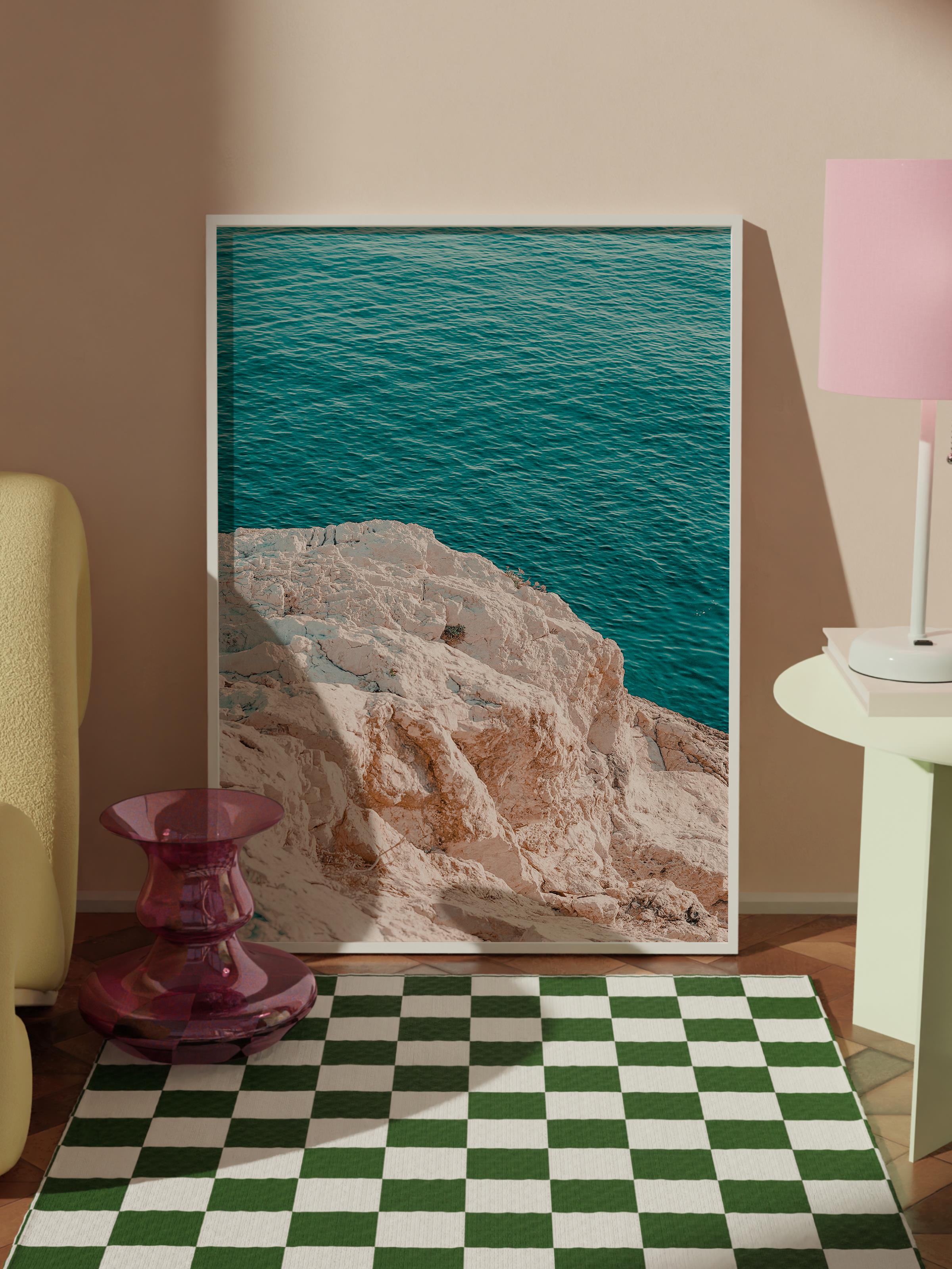 Çerçevesiz Poster, Yaz Temalı Tablo NO:200, Kayalık ve Deniz Fotoğrafı, Yeşil Poster, Dikey