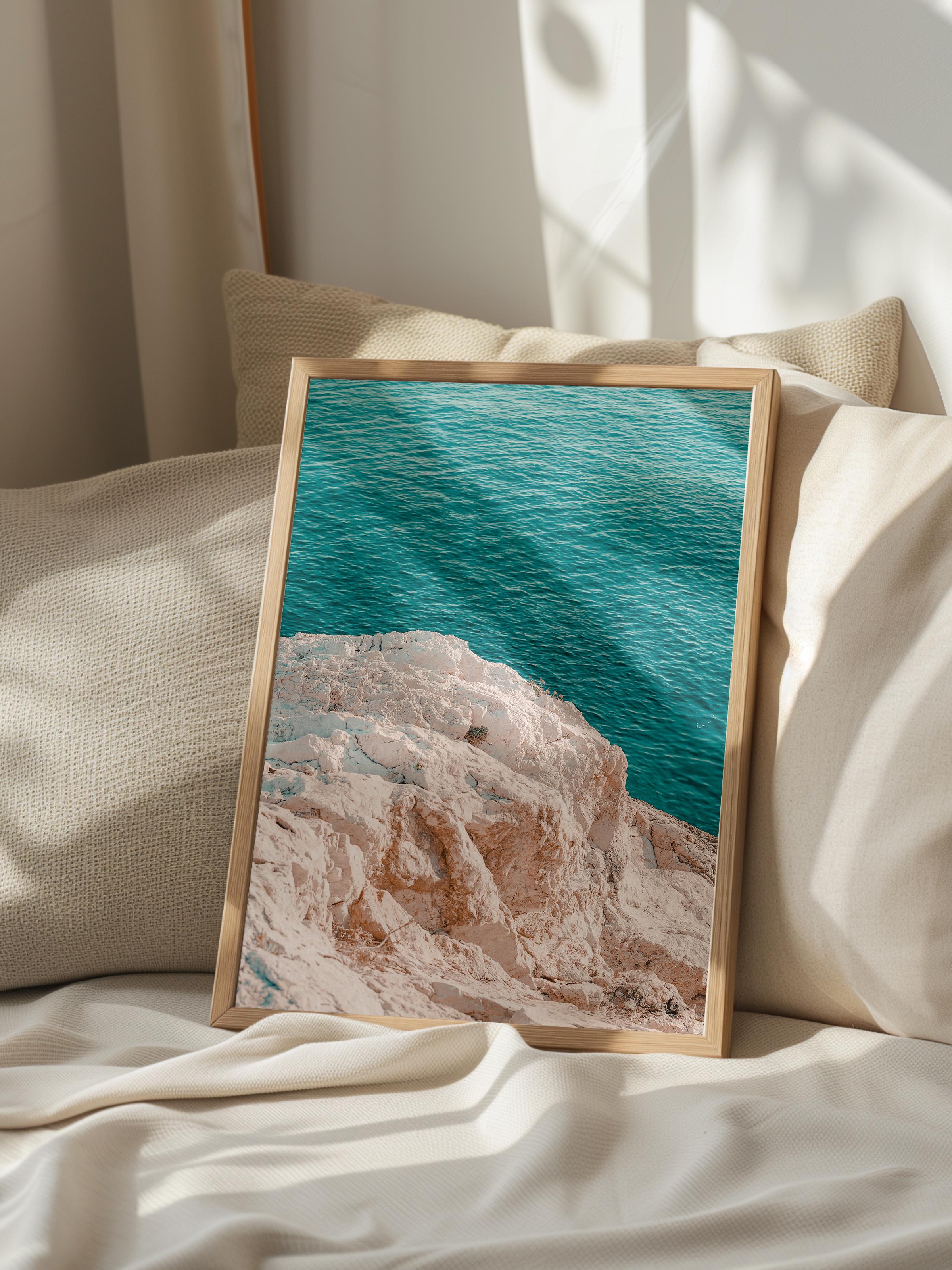 Çerçevesiz Poster, Yaz Temalı Tablo NO:200, Kayalık ve Deniz Fotoğrafı, Yeşil Poster, Dikey