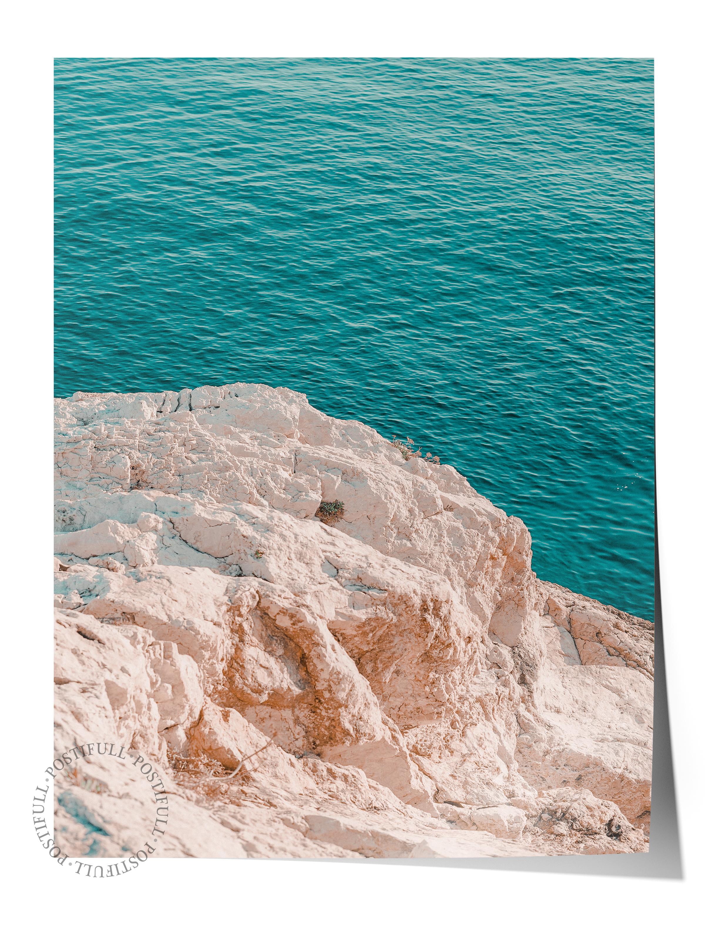 Çerçevesiz Poster, Yaz Temalı Tablo NO:200, Kayalık ve Deniz Fotoğrafı, Yeşil Poster, Dikey