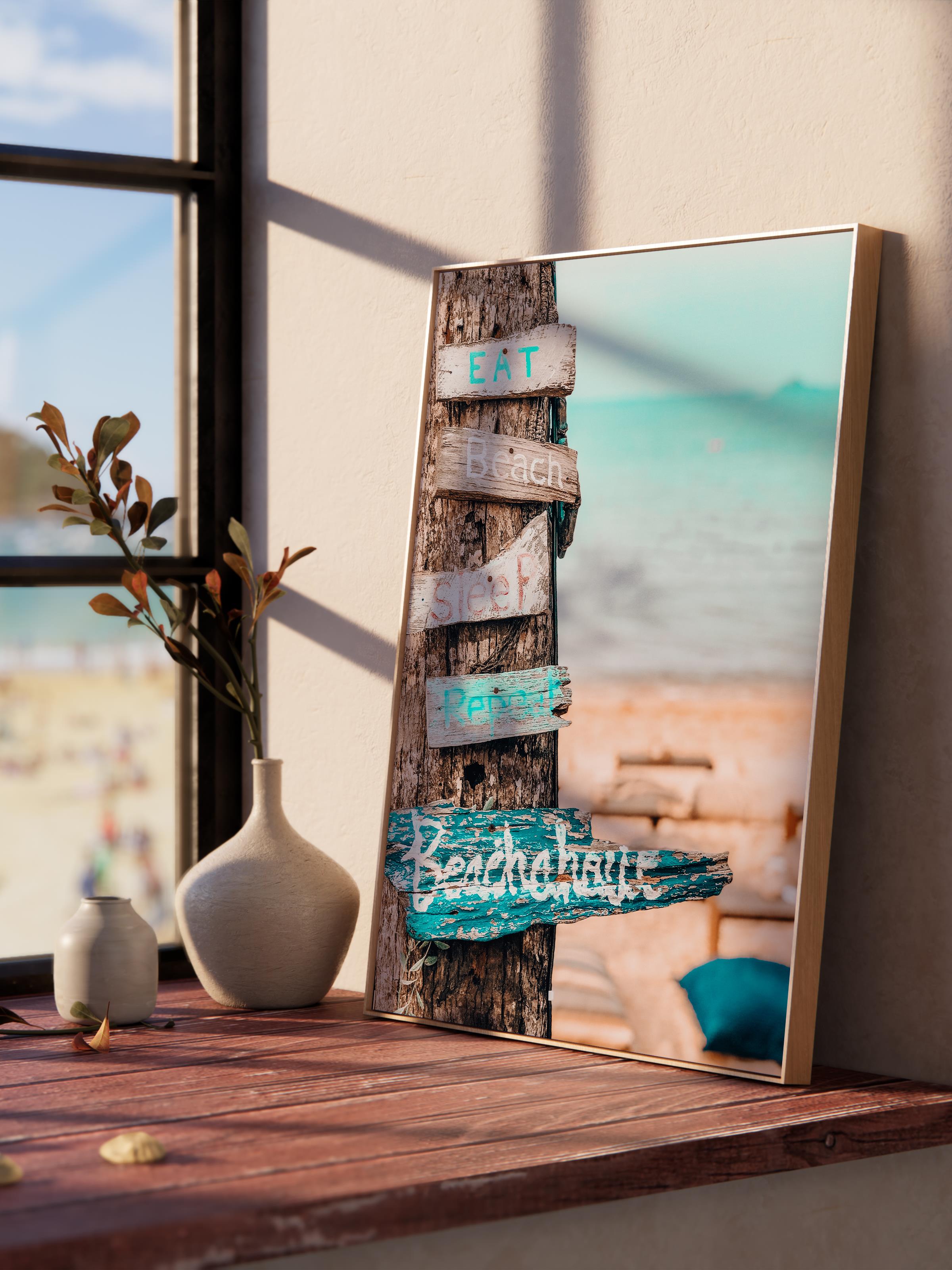 Çerçevesiz Poster, Yaz Temalı Tablo NO:203, Plaj Yön Tabelası Fotoğrafı, Mavi Poster, Dikey