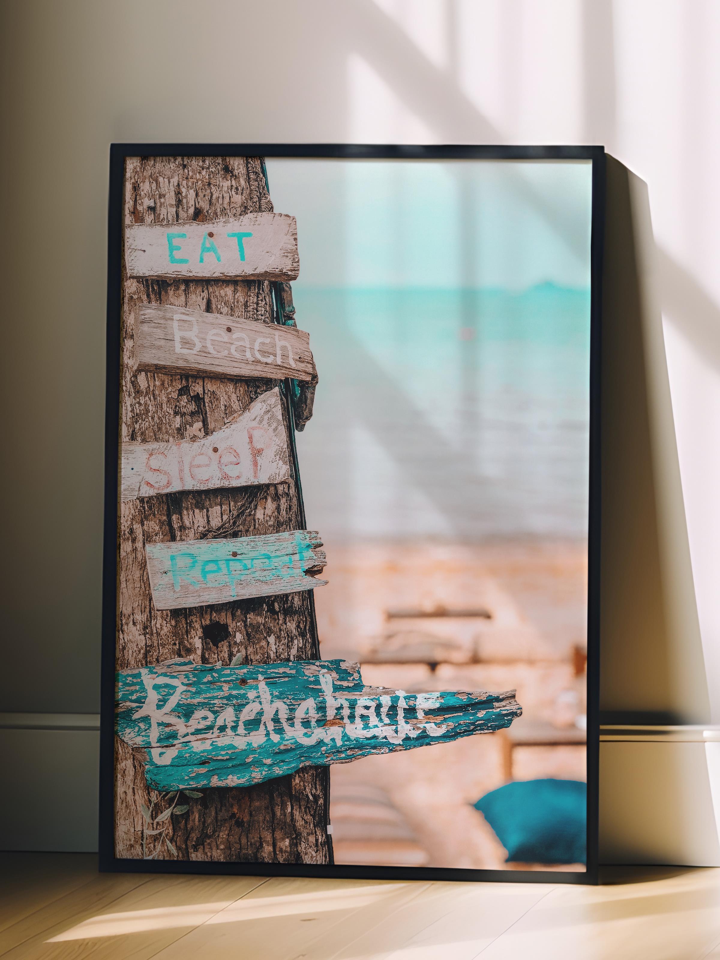 Çerçevesiz Poster, Yaz Temalı Tablo NO:203, Plaj Yön Tabelası Fotoğrafı, Mavi Poster, Dikey