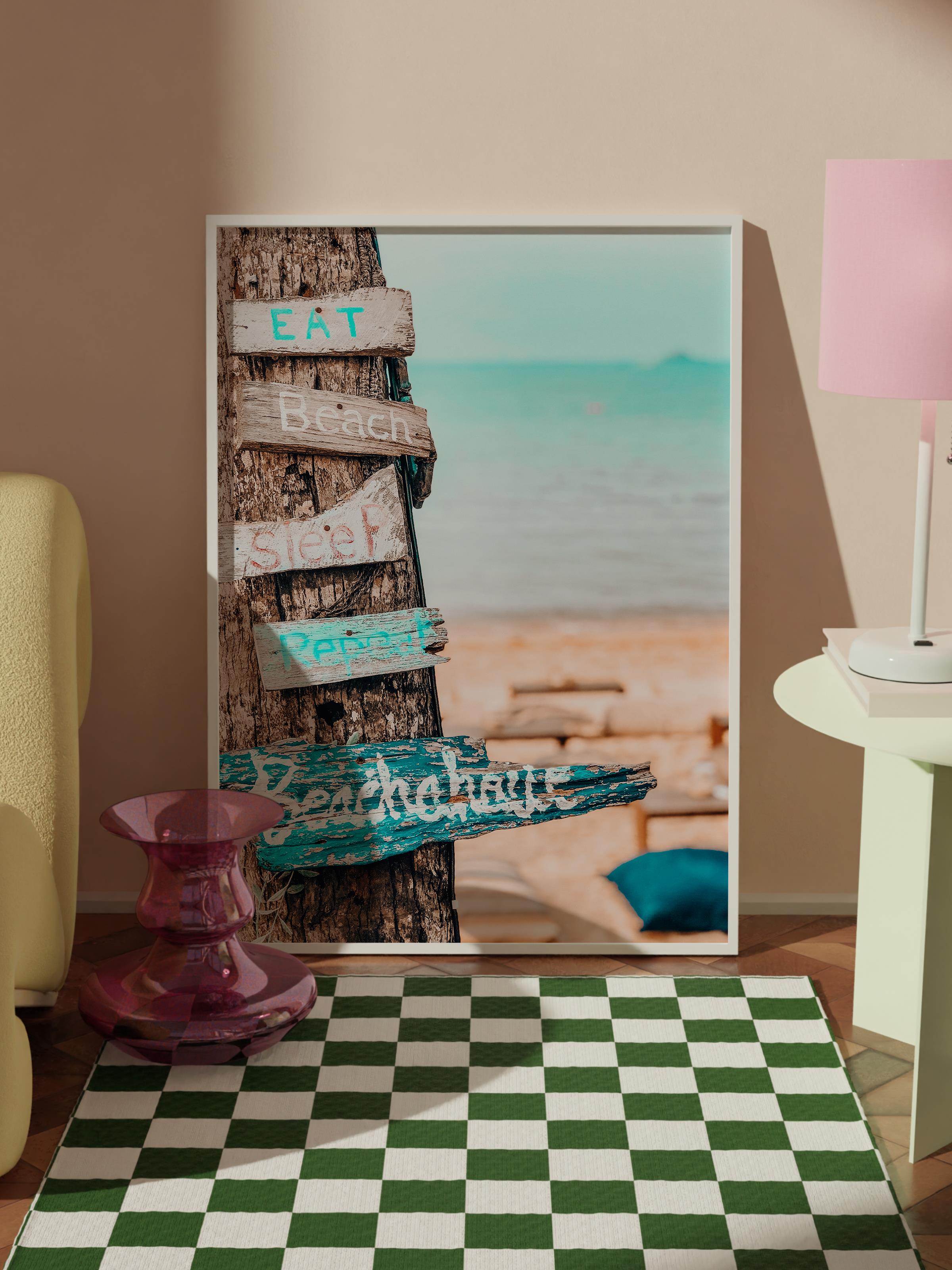 Çerçevesiz Poster, Yaz Temalı Tablo NO:203, Plaj Yön Tabelası Fotoğrafı, Mavi Poster, Dikey