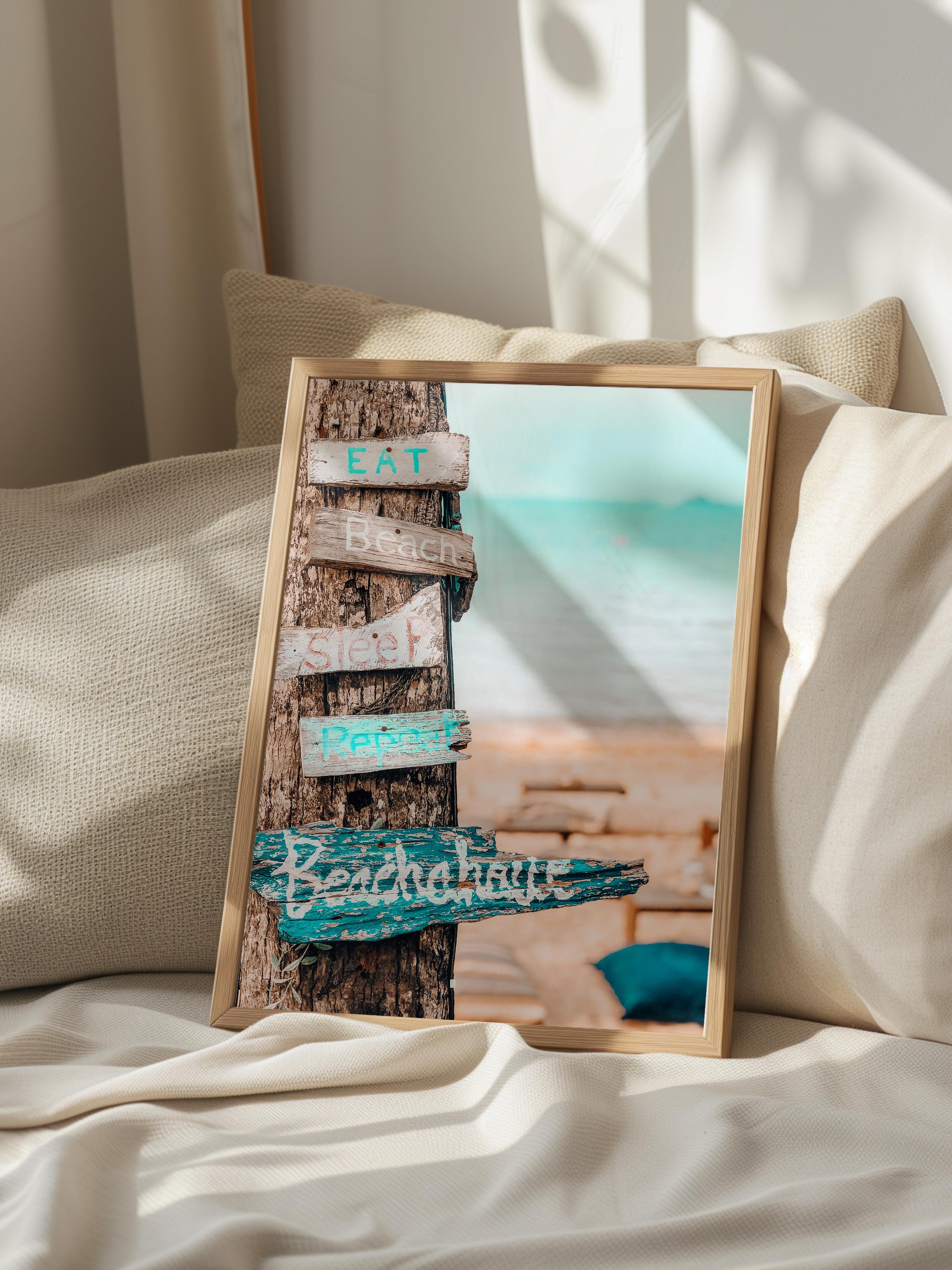 Çerçevesiz Poster, Yaz Temalı Tablo NO:203, Plaj Yön Tabelası Fotoğrafı, Mavi Poster, Dikey